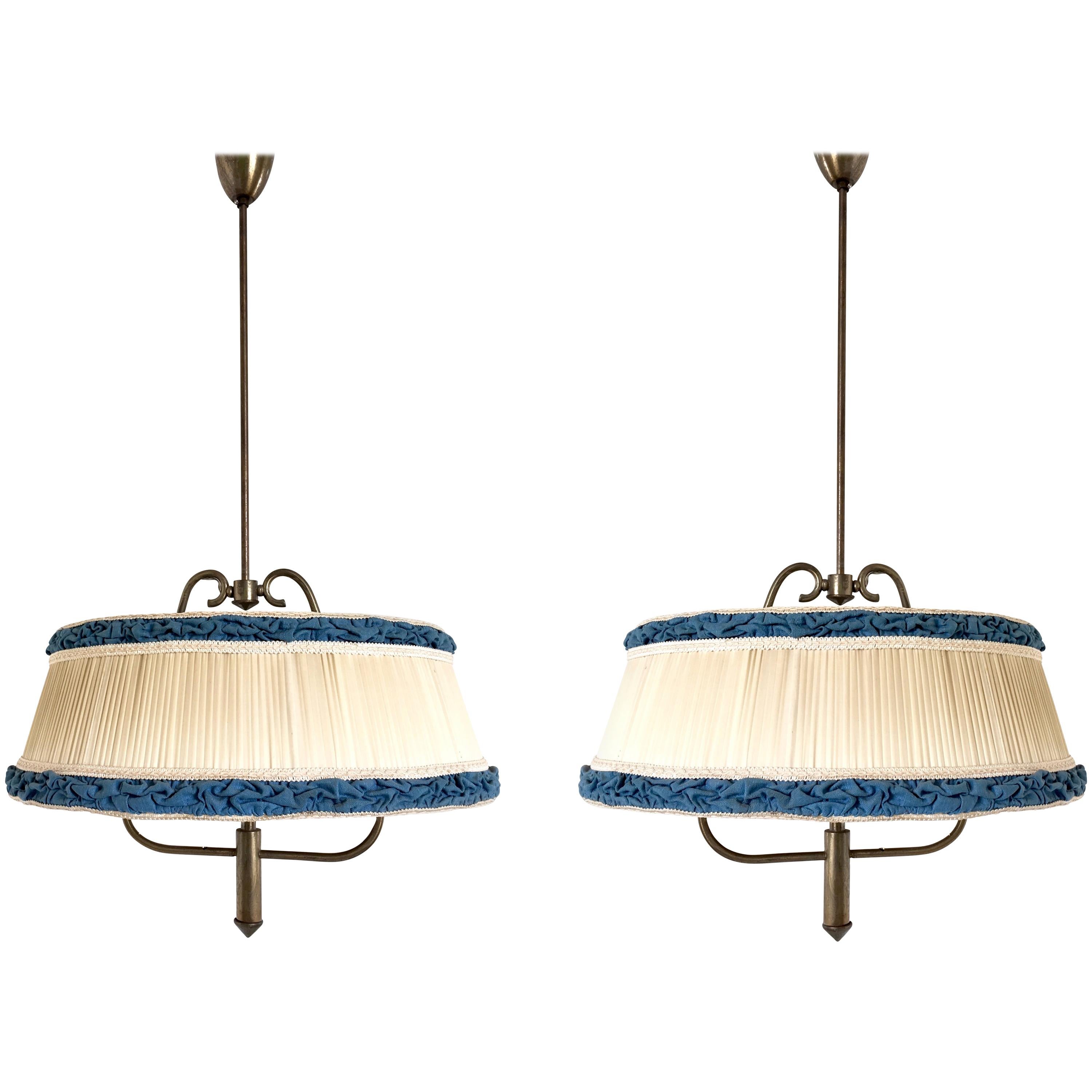 Pair of Midcentury Pendants with Ivory and Blue Fabric Lampshades, Italy