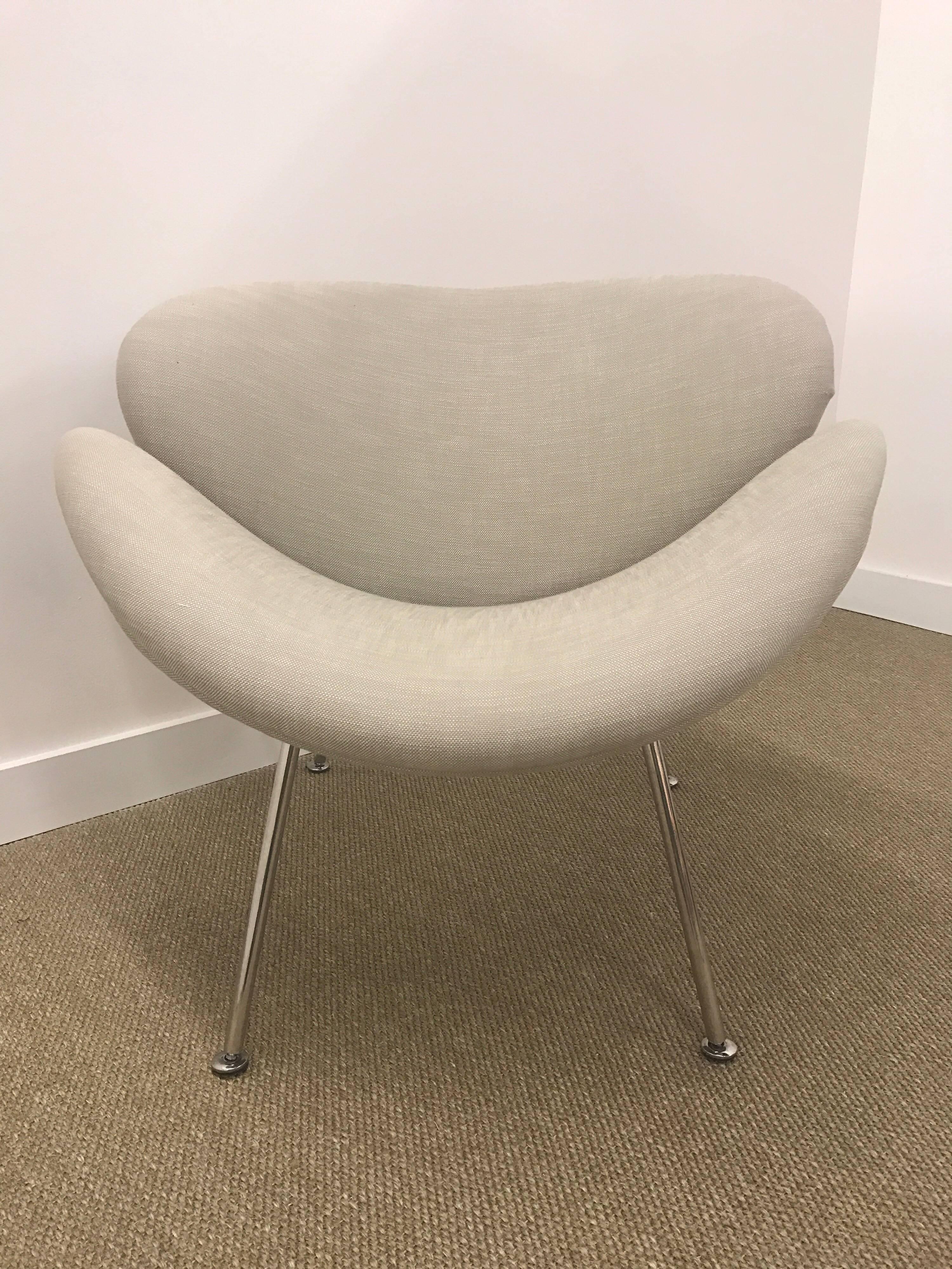 Pair of Pierre Paulin style orange slice chairs contour to your frame and are super comfortable. Solid steel chrome base offers stability. Fresh and fun design stays true to the functionality of Mid-Century Modern style.
