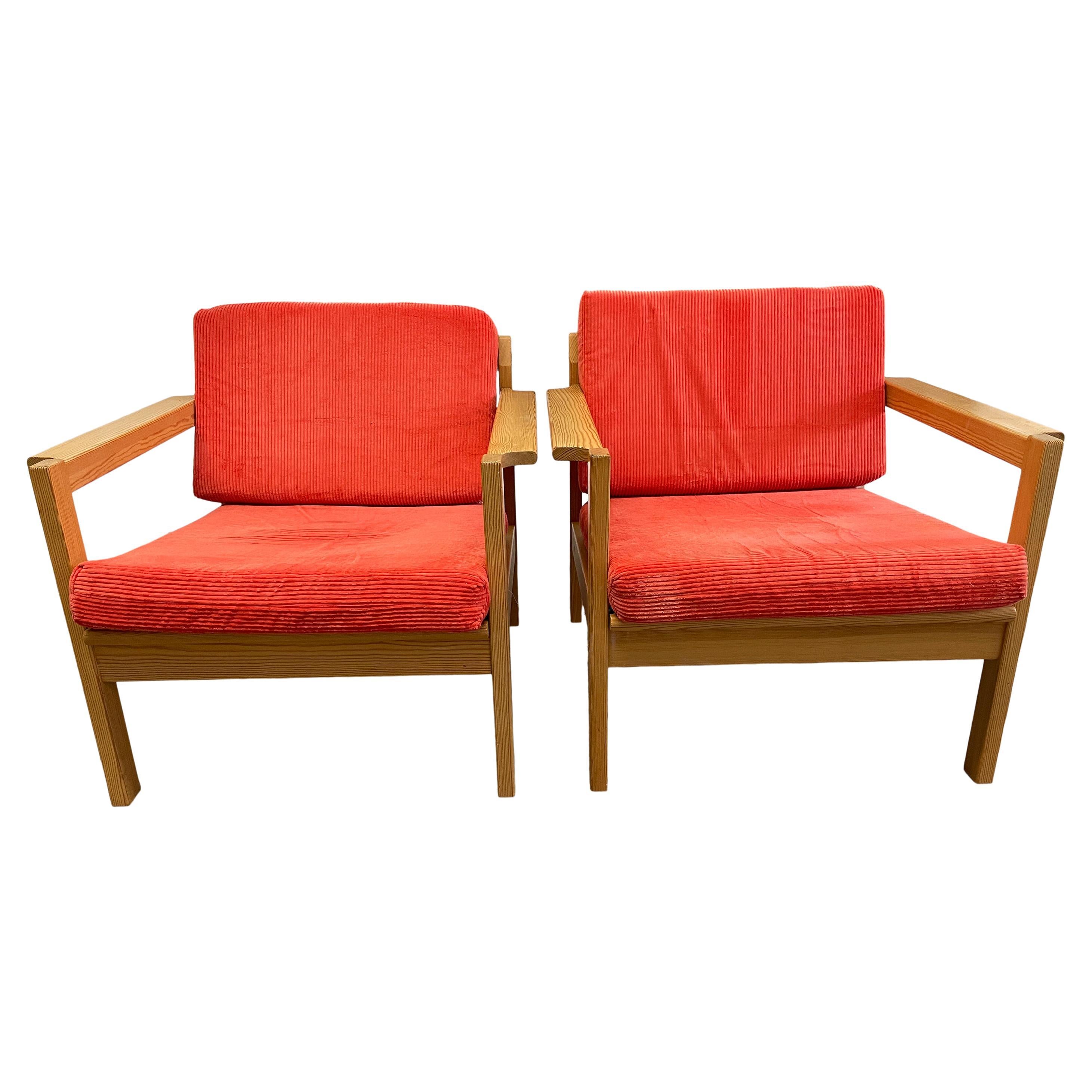 Pair of original rare Swedish all blonde low lounge chairs with orange/red corduroy upholstery. Solid birch bentwood frames with slatted back and all new wool peach upholstery. Original vintage condition. Frames are solid birch. Made In Sweden. Very