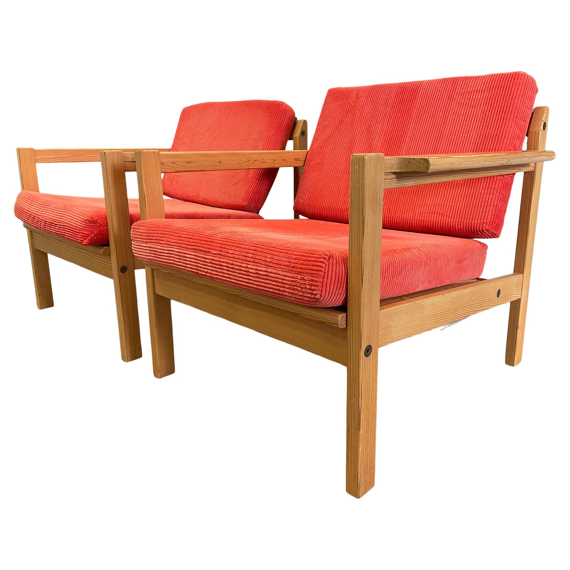 Pair of Midcentury Pine Arm Chairs Lounge Chairs by Bruksbo Made in Norway For Sale