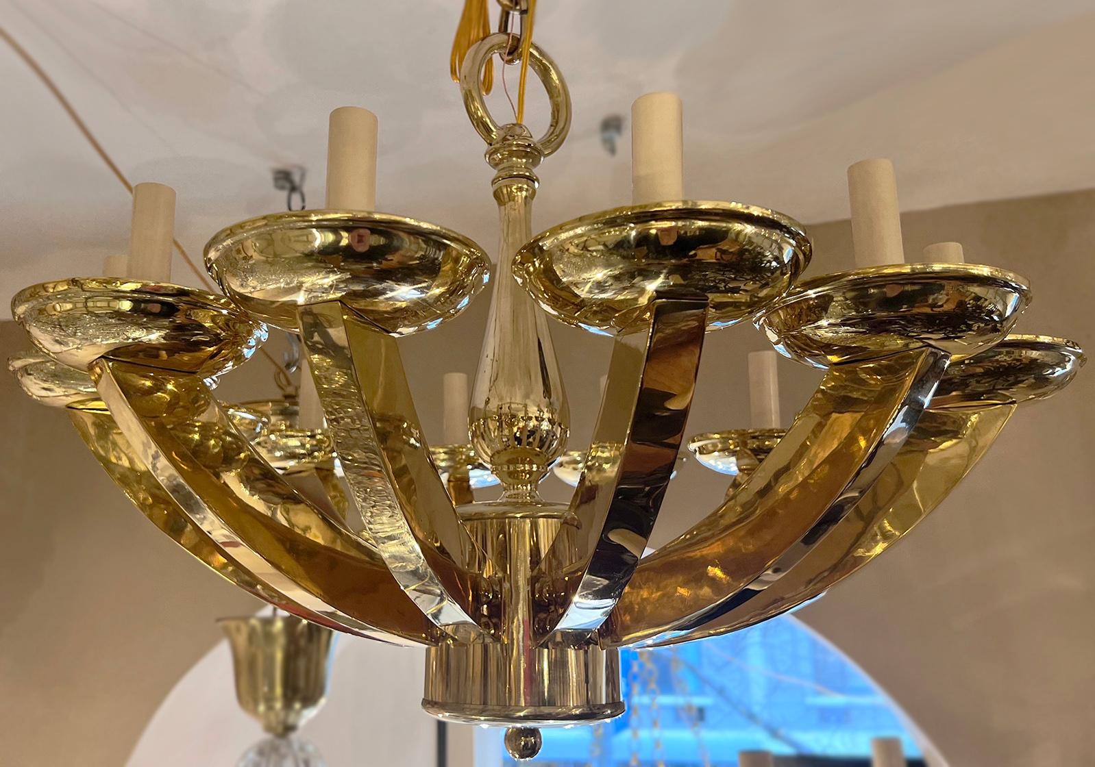 Pair of Midcentury Polished Bronze Chandeliers, Sold Individually For Sale 1
