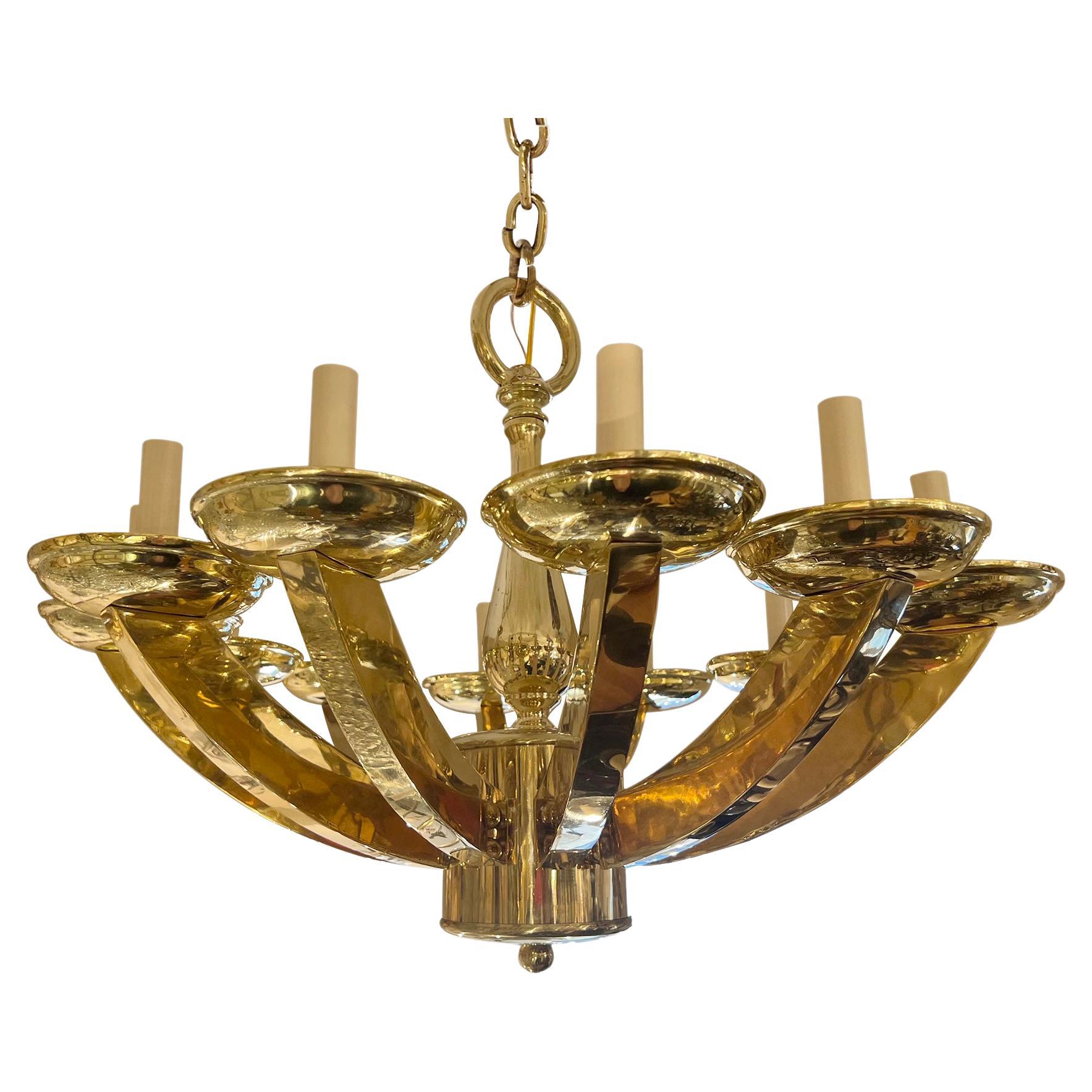 Pair of Midcentury Polished Bronze Chandeliers, Sold Individually