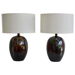 Pair of Midcentury Polychrome Drip Glazed Ceramic Ovoid Form Table Lamps