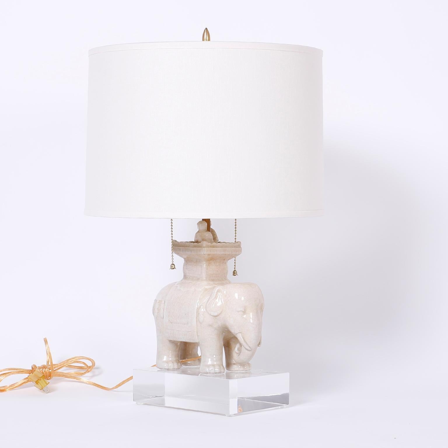 Anglo-Indian Pair of Midcentury Porcelain Elephant Table Lamps