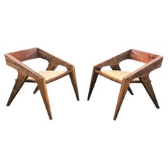 Pair of Midcentury Post Modern Studio Lounge Chairs in Walnut with Leather Seats