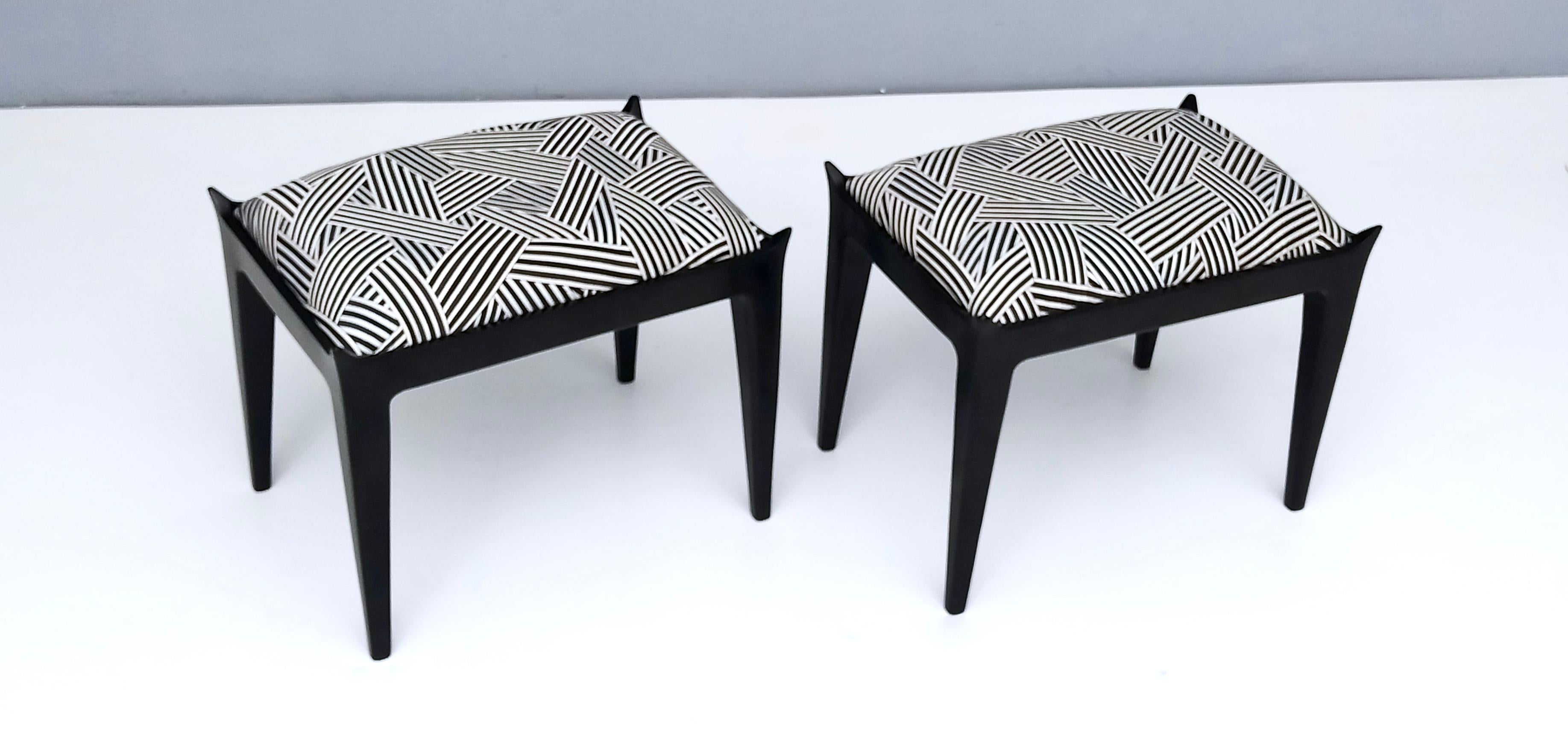 Ebonized Pair of Vintage Poufs Upholstered in Black and White Fabric by Dedar For Sale