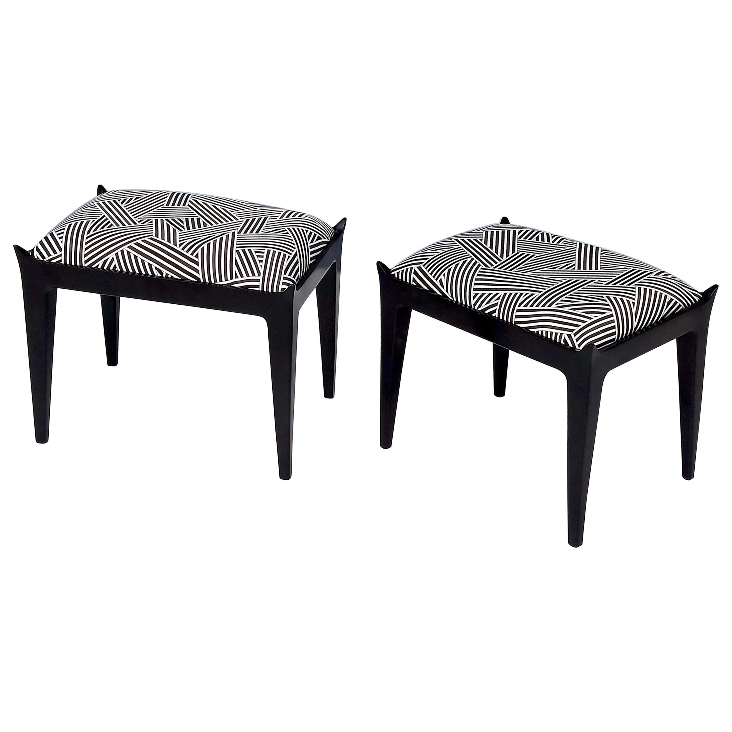 Pair of Vintage Poufs Upholstered in Black and White Fabric by Dedar For Sale