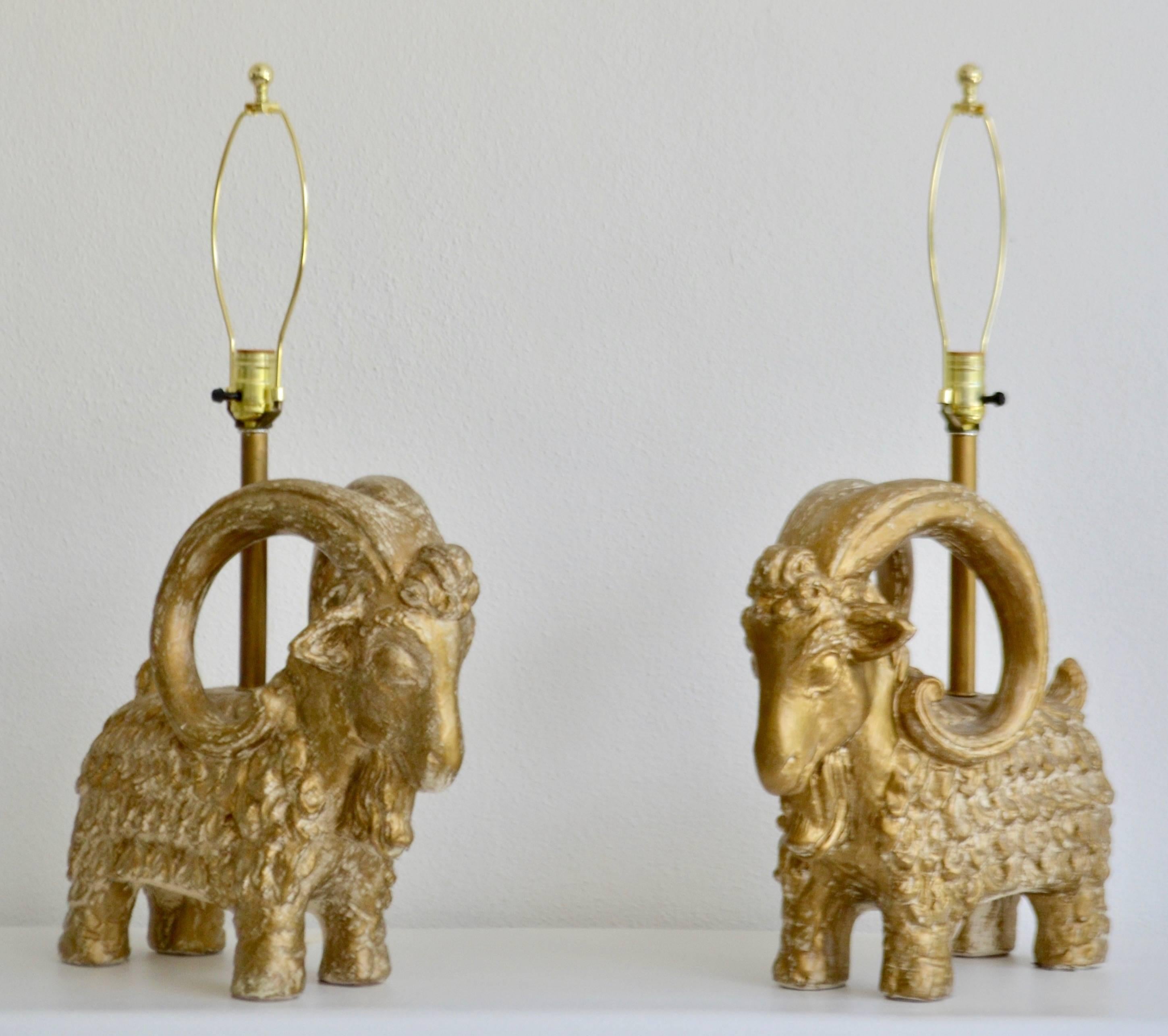 Gilt Pair of Midcentury Ram Form Table Lamps For Sale