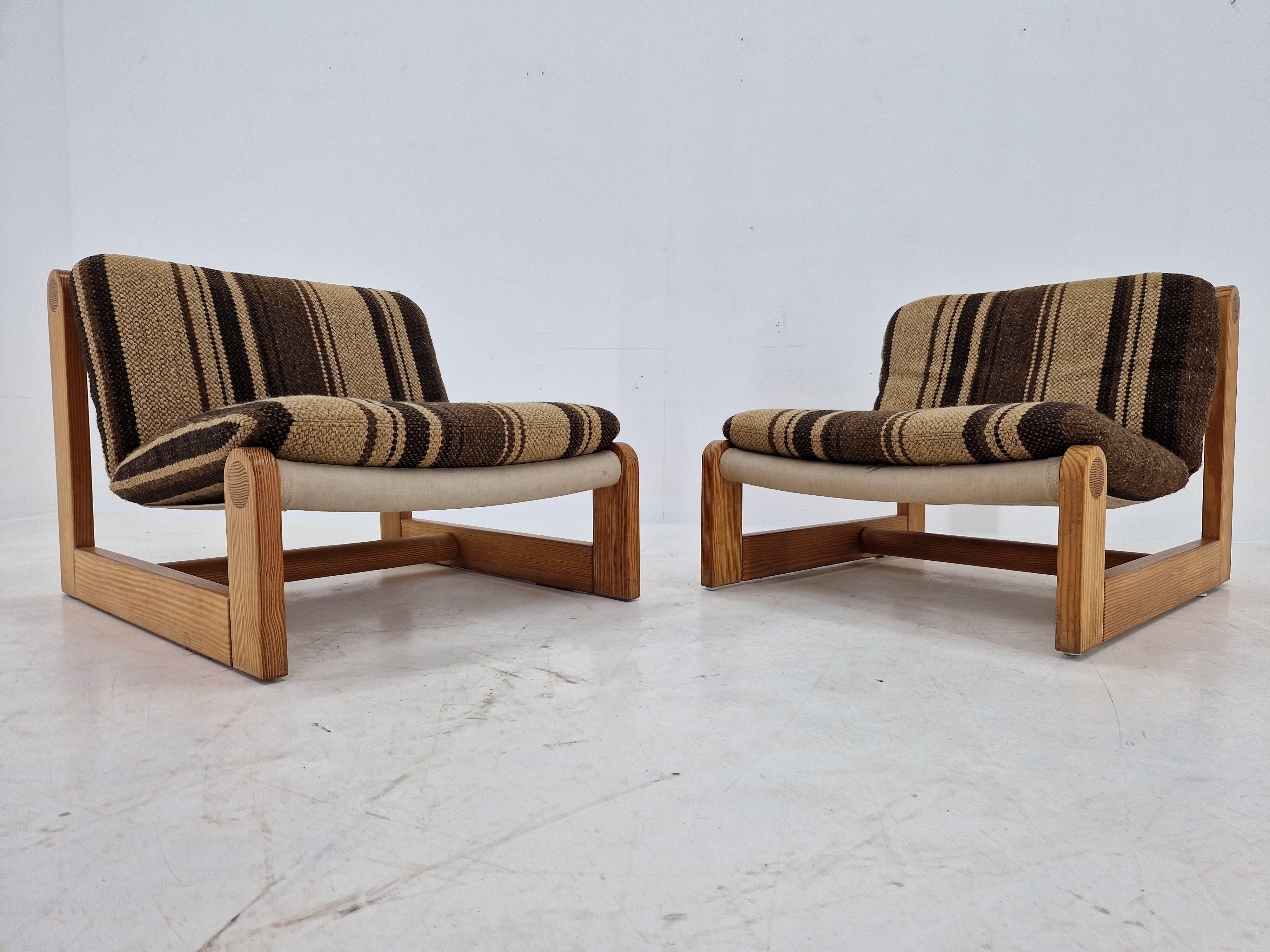 Mid-Century Modern Pair of Midcentury Rare Lounge Chairs Pine Wood, Denmark, 1960s For Sale