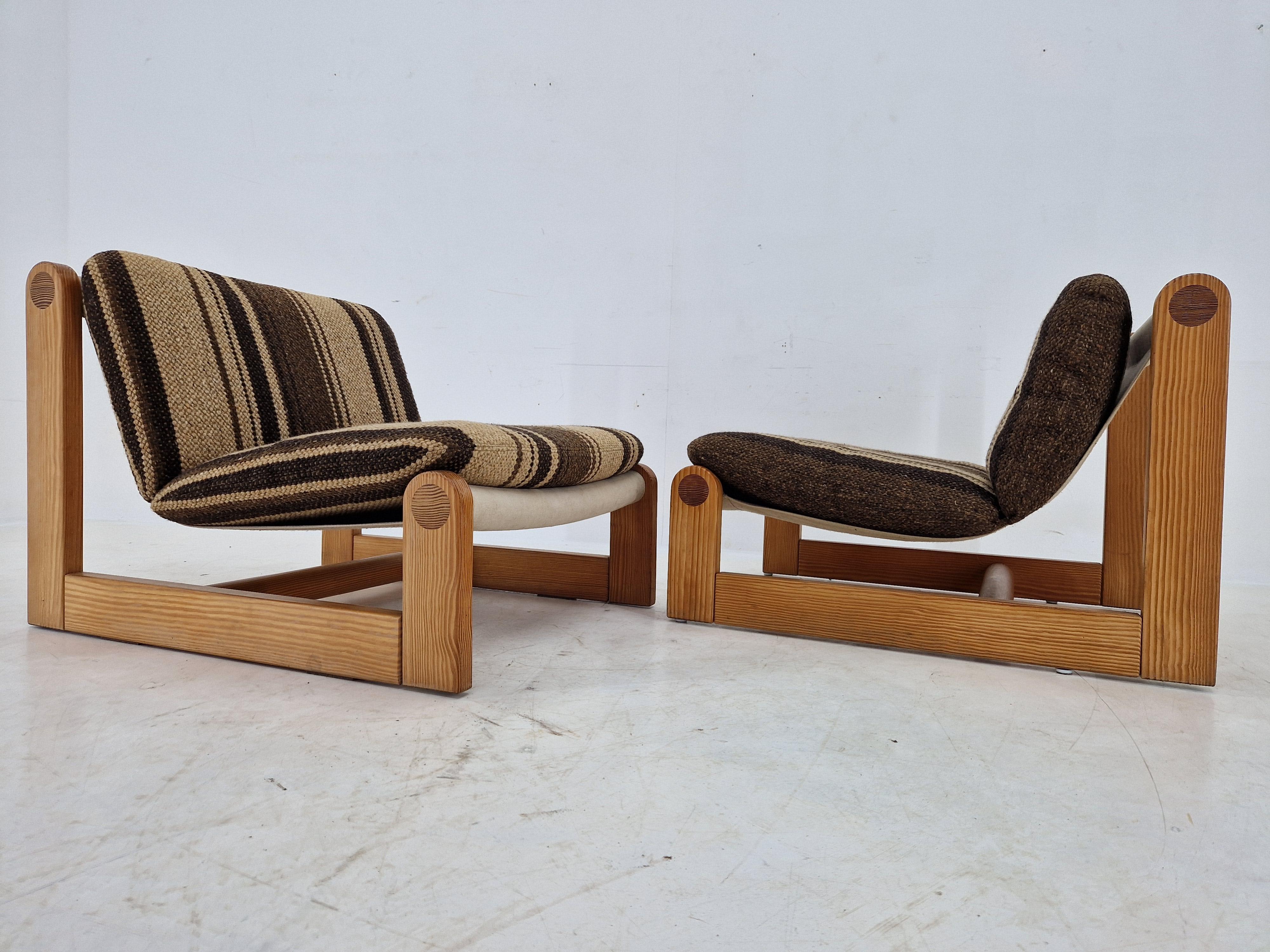 Danish Pair of Midcentury Rare Lounge Chairs Pine Wood, Denmark, 1960s For Sale