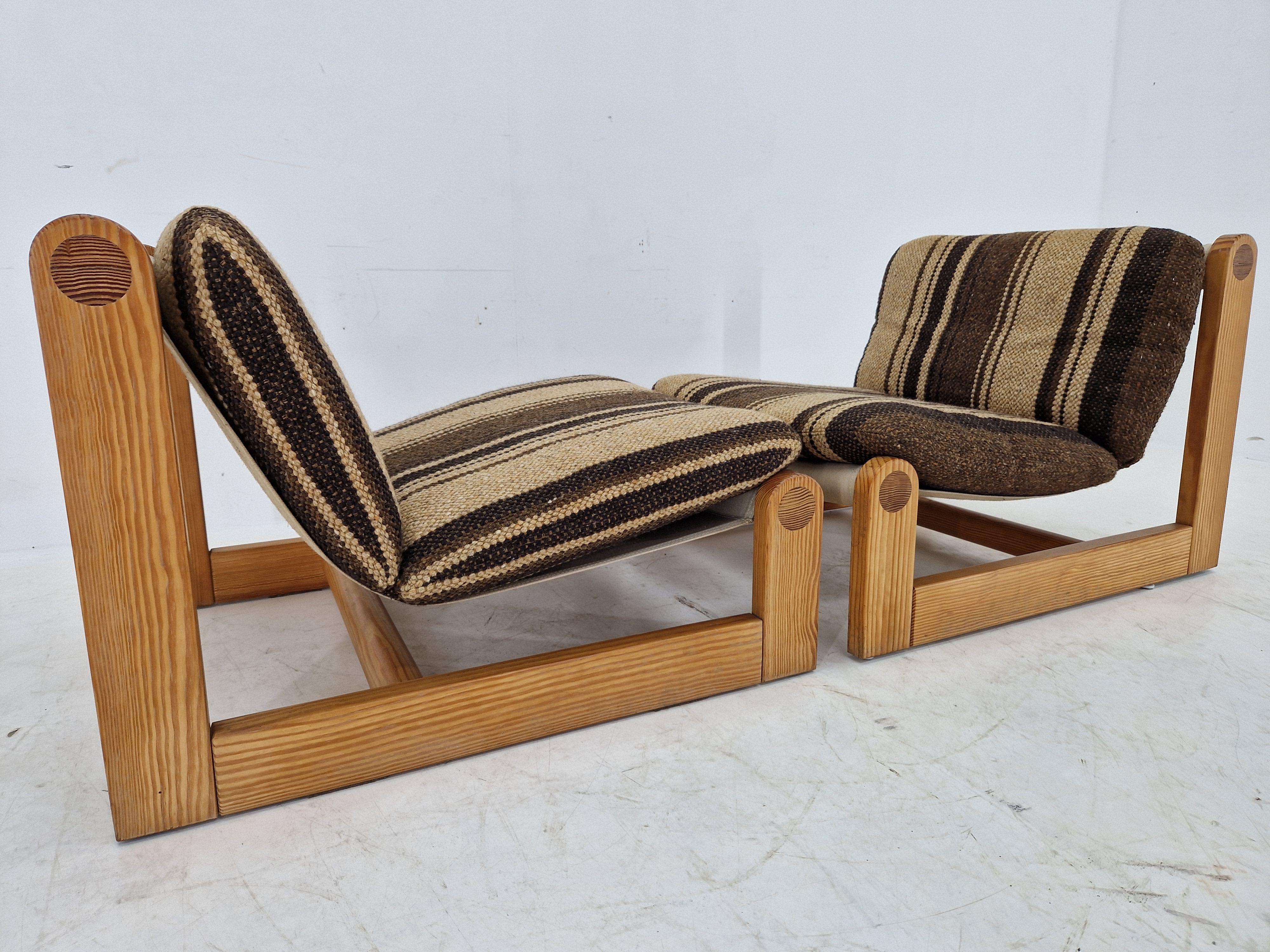 Pair of Midcentury Rare Lounge Chairs Pine Wood, Denmark, 1960s For Sale 1