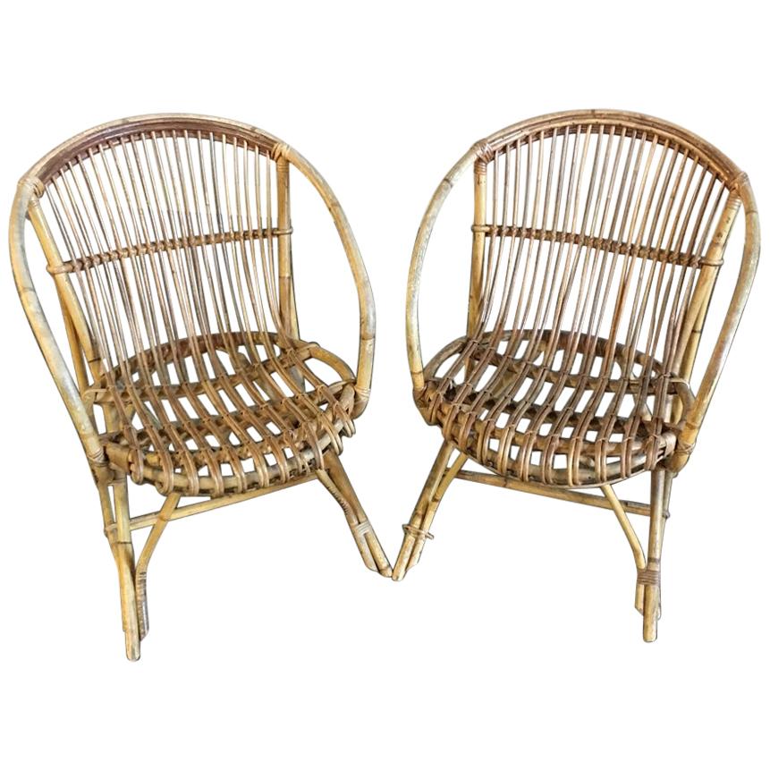 Pair of Midcentury Rattan and Bamboo Armchairs