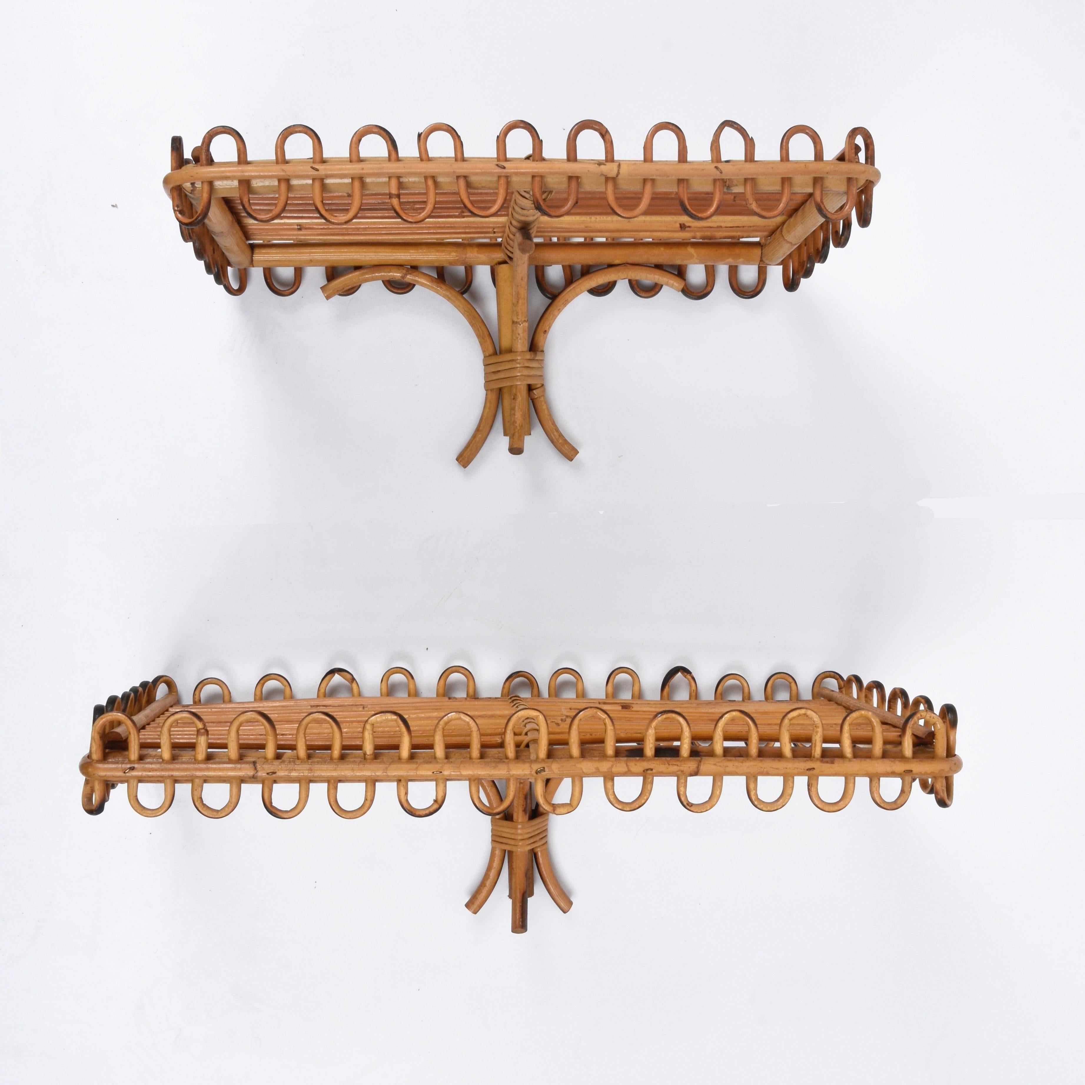 Pair of Midcentury Rattan and Bamboo Italian Wall Shelves after Albini, 1960s 6