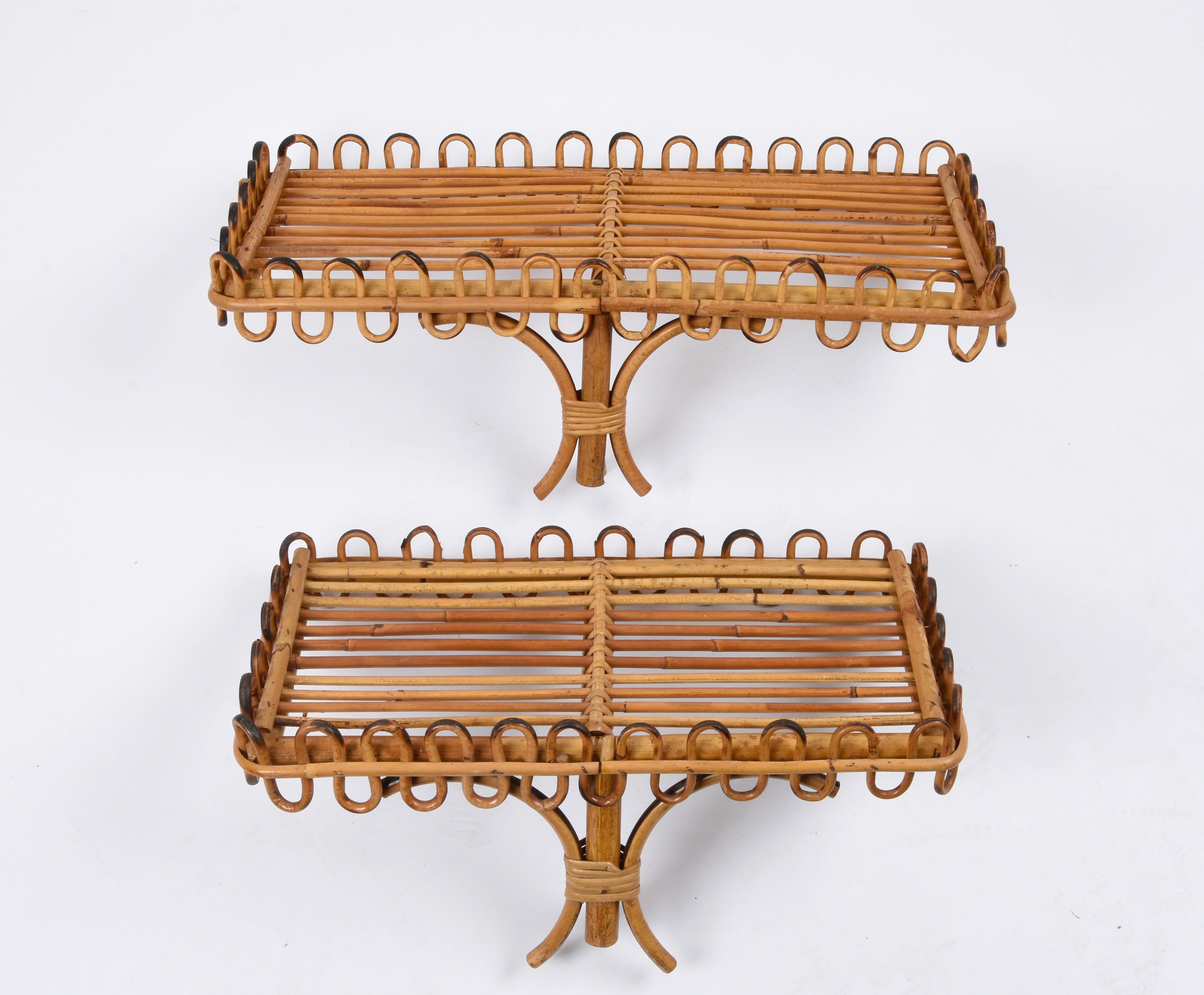 Pair of Midcentury Rattan and Bamboo Italian Wall Shelves after Albini, 1960s 7