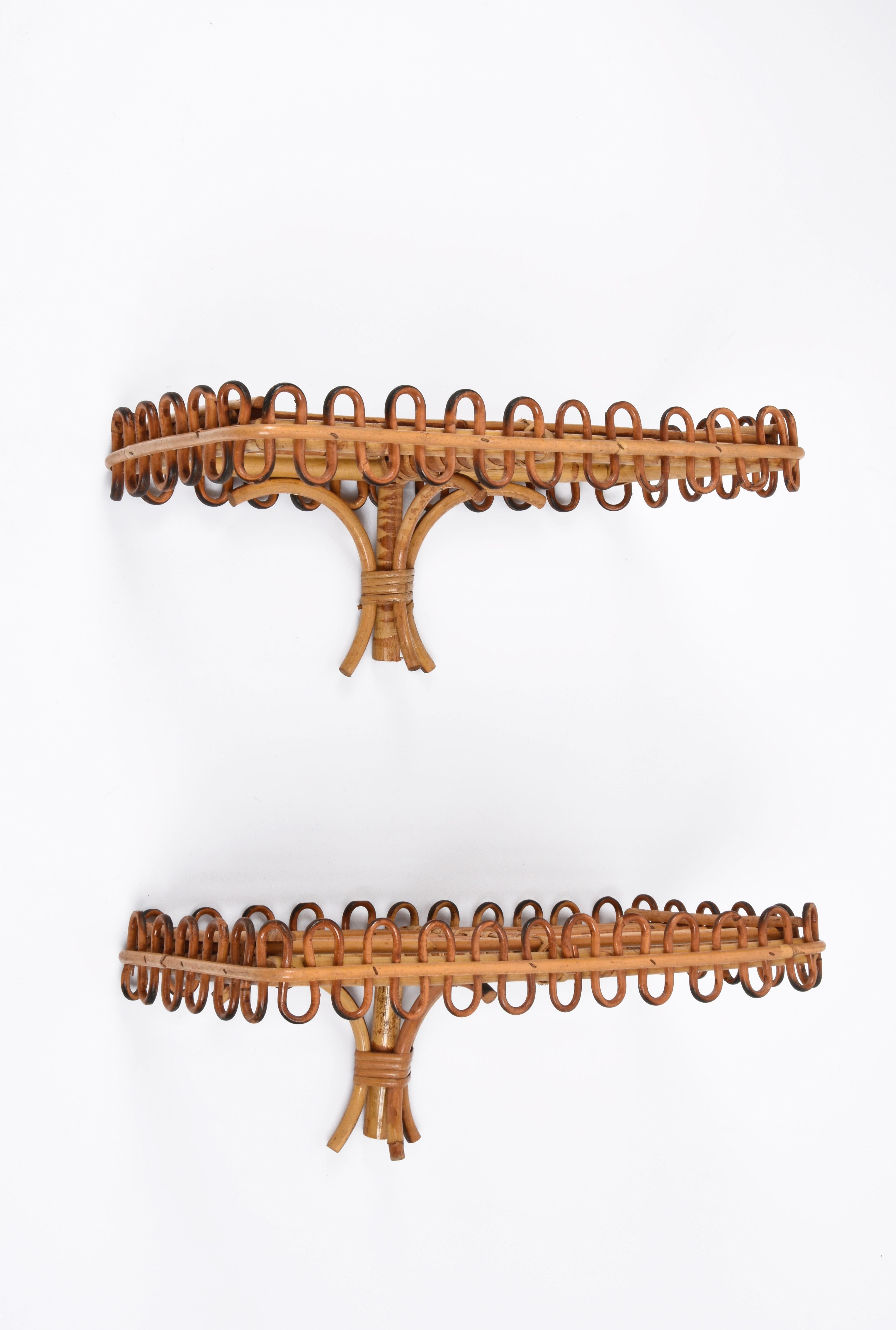 Pair of Midcentury Rattan and Bamboo Italian Wall Shelves after Albini, 1960s 8