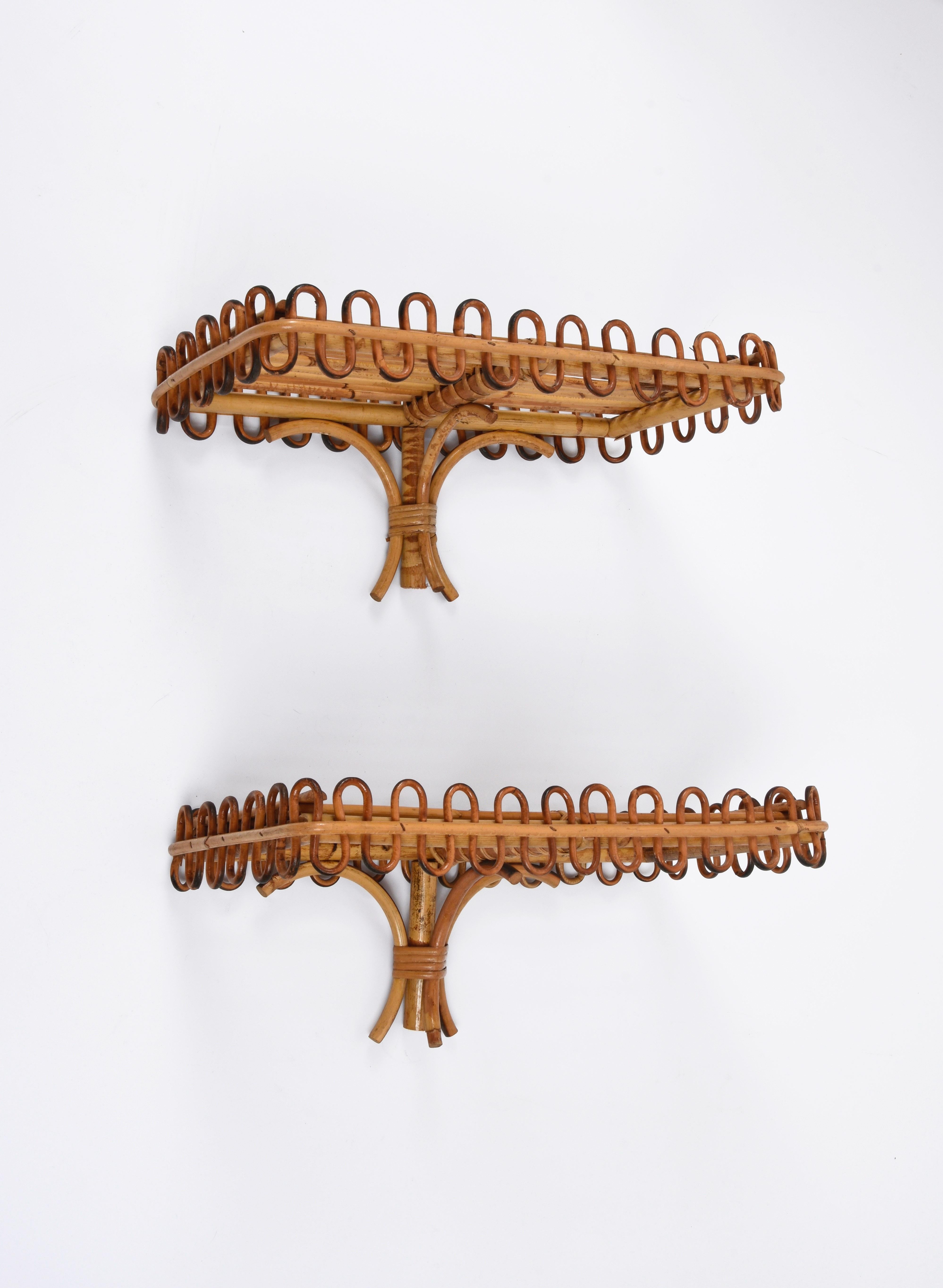 Pair of Midcentury Rattan and Bamboo Italian Wall Shelves after Albini, 1960s 9