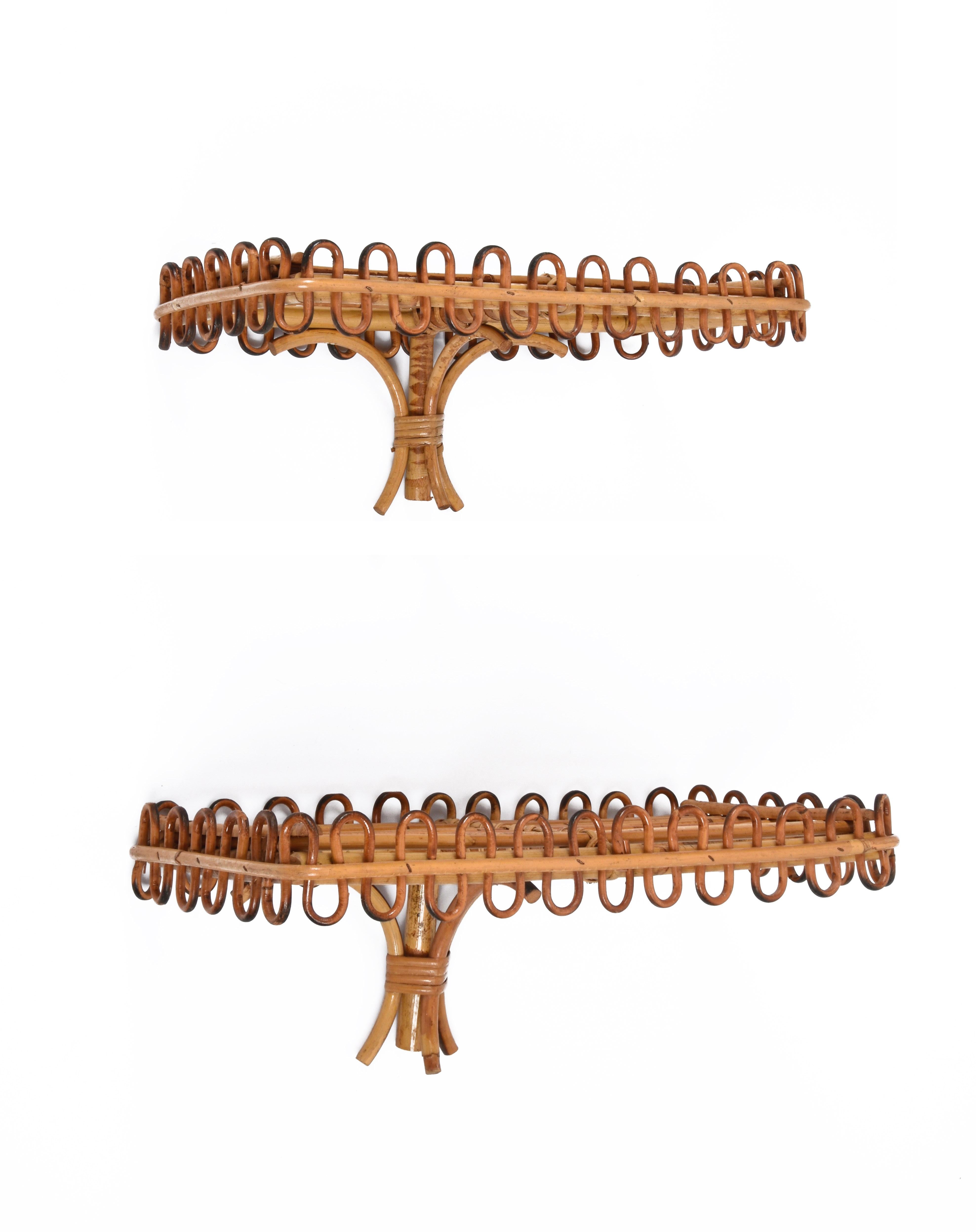 Pair of Midcentury Rattan and Bamboo Italian Wall Shelves after Albini, 1960s 10
