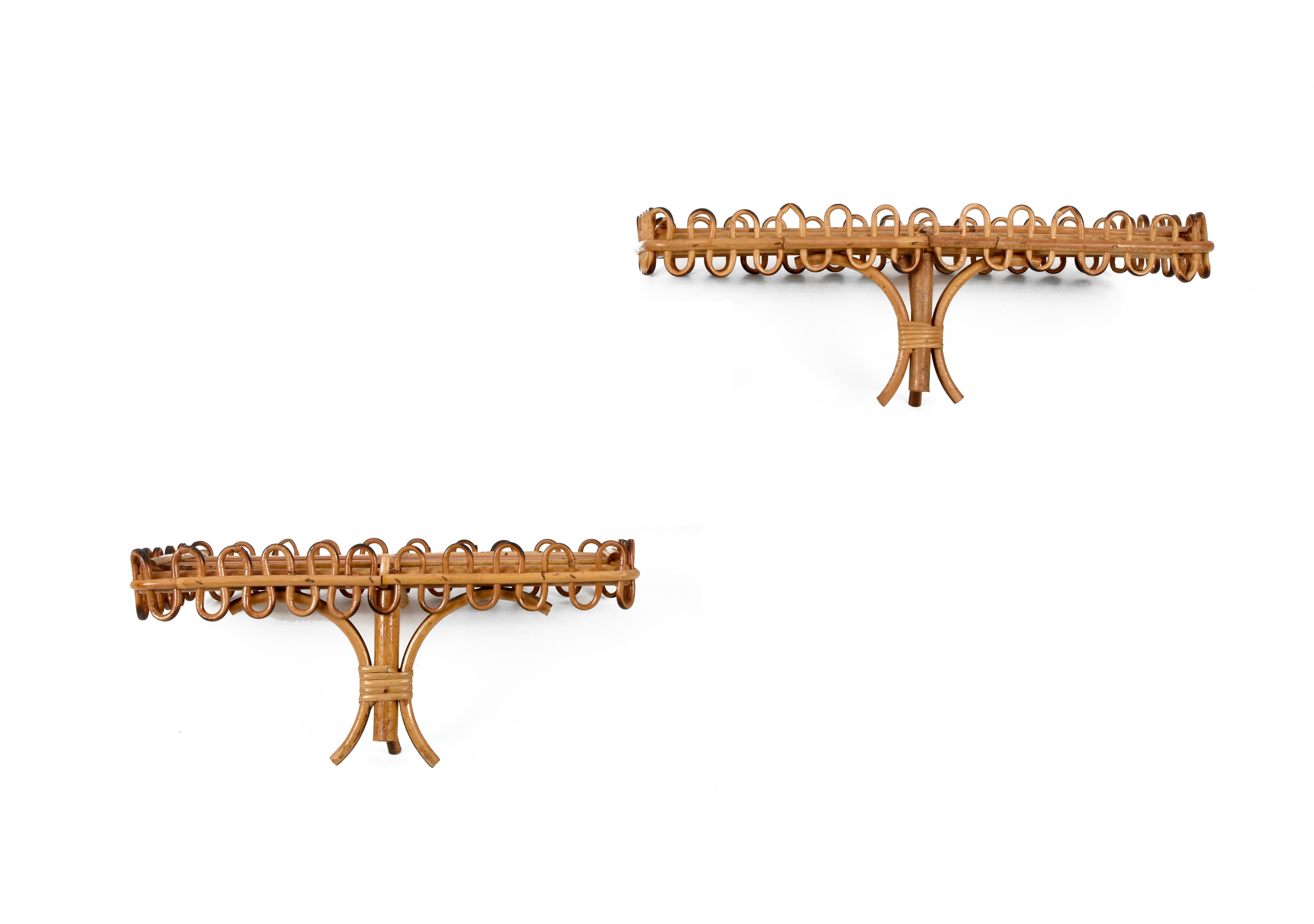Pair of Midcentury Rattan and Bamboo Italian Wall Shelves after Albini, 1960s 11