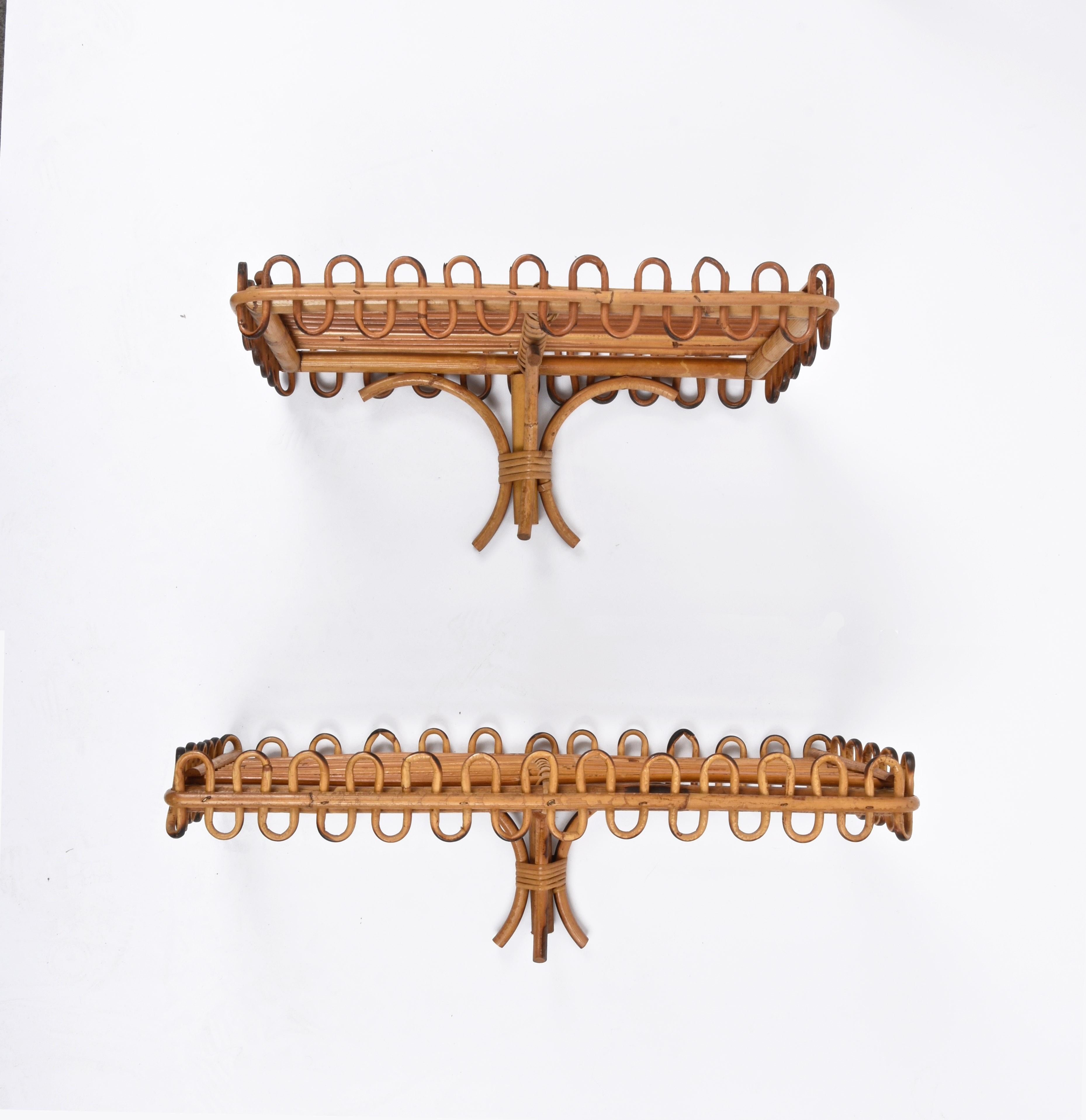 Mid-Century Modern Pair of Midcentury Rattan and Bamboo Italian Wall Shelves after Albini, 1960s