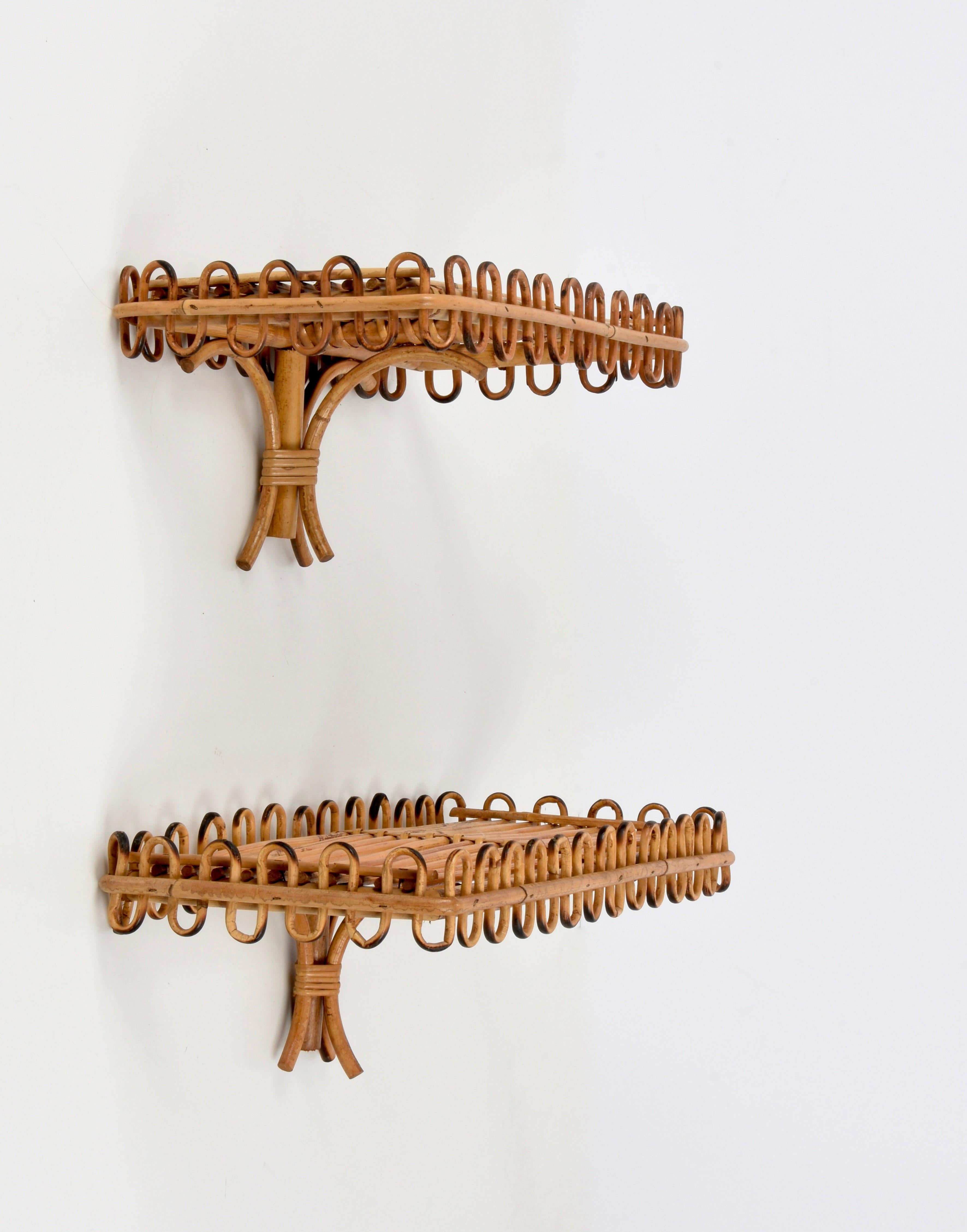 20th Century Pair of Midcentury Rattan and Bamboo Italian Wall Shelves after Albini, 1960s