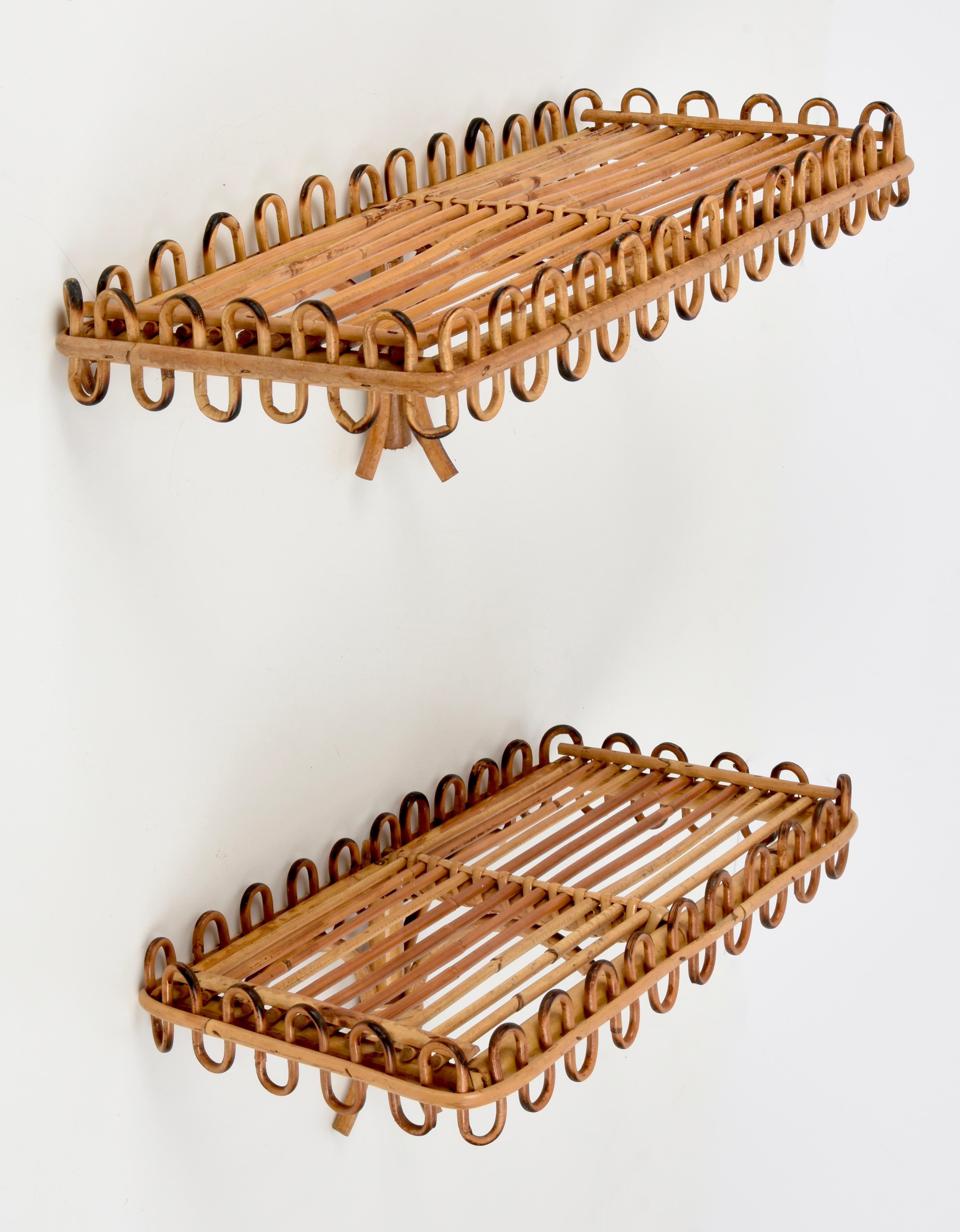 Pair of Midcentury Rattan and Bamboo Italian Wall Shelves after Albini, 1960s 1