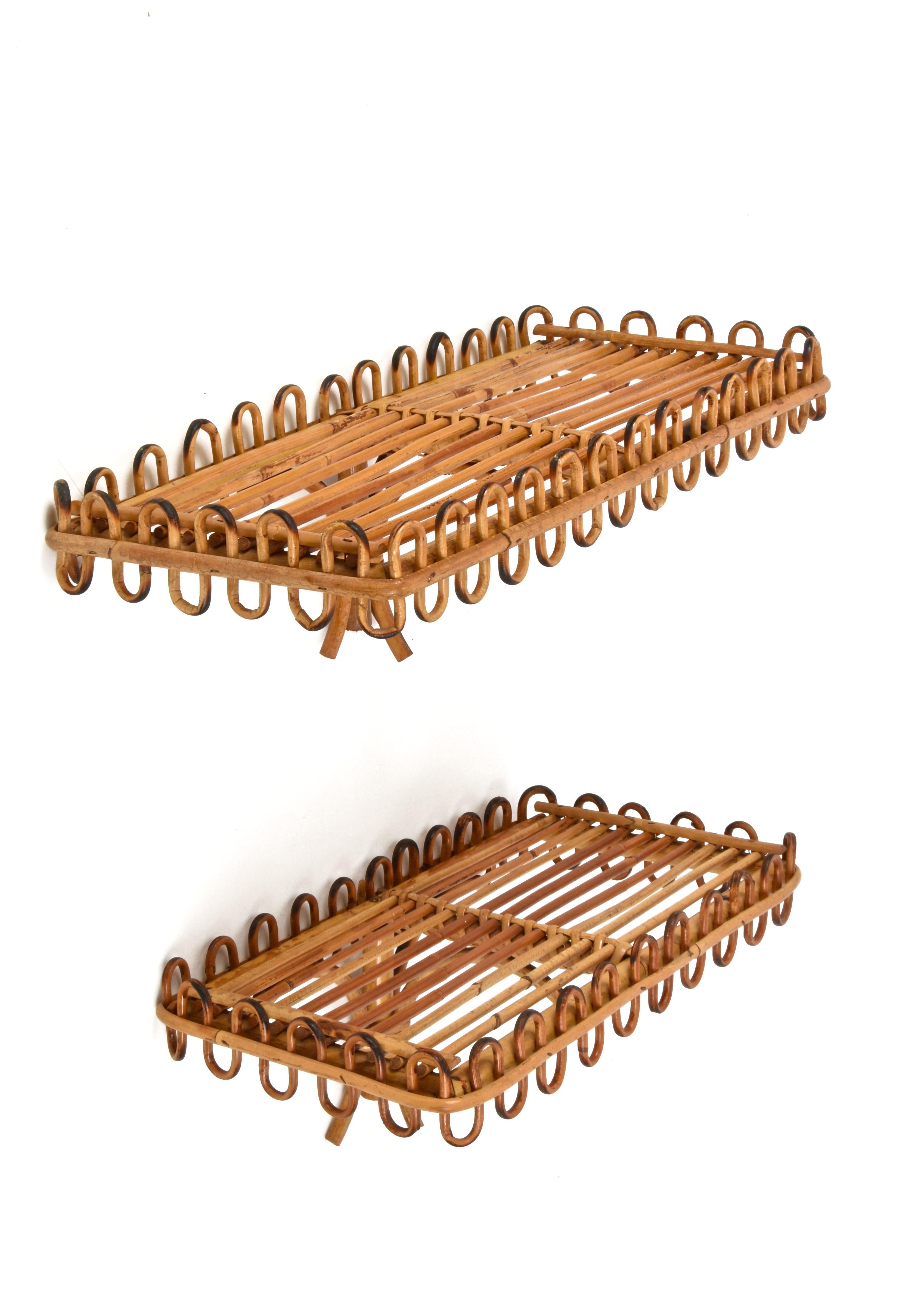 Pair of Midcentury Rattan and Bamboo Italian Wall Shelves after Albini, 1960s 2