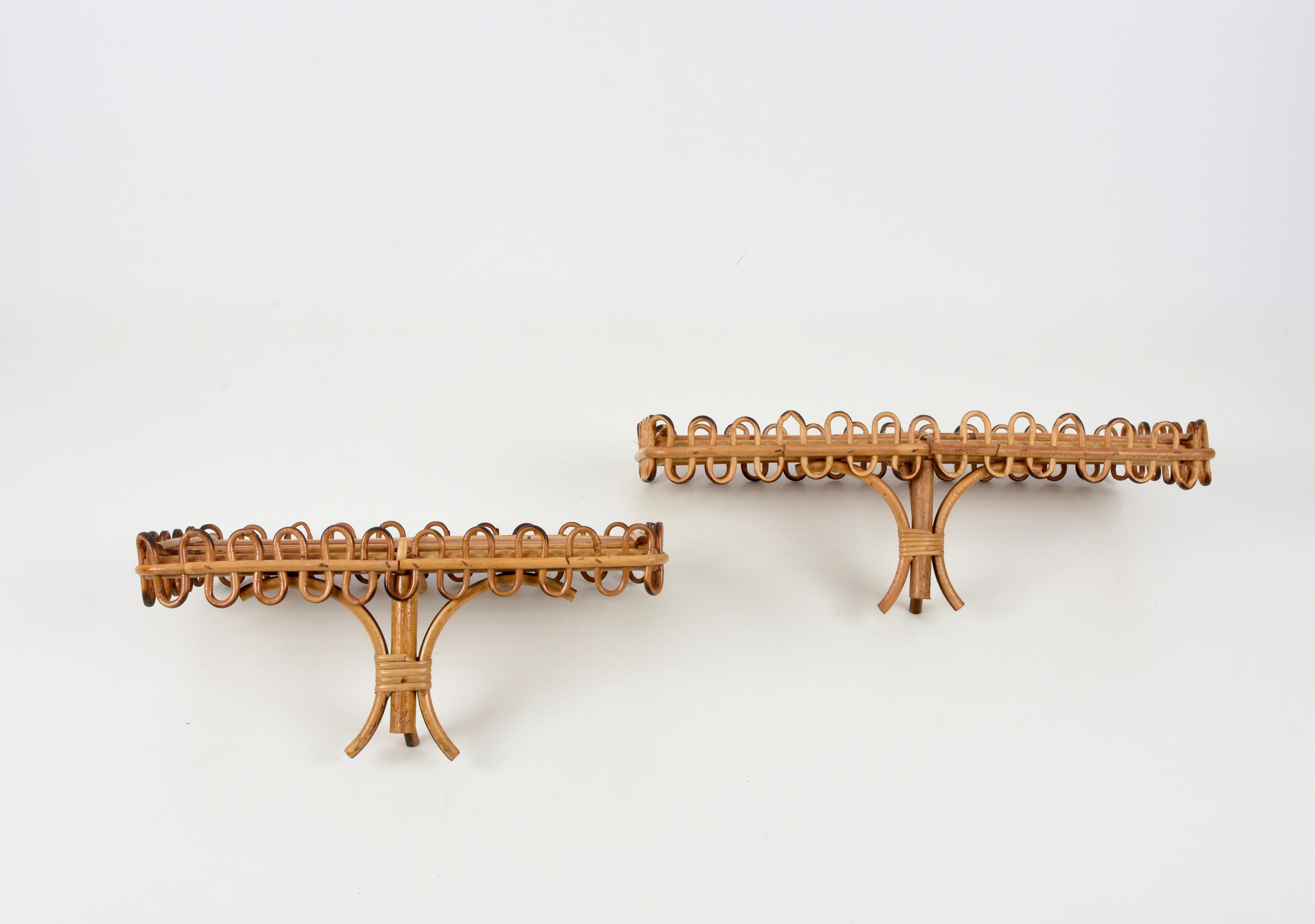 Pair of Midcentury Rattan and Bamboo Italian Wall Shelves after Albini, 1960s 3