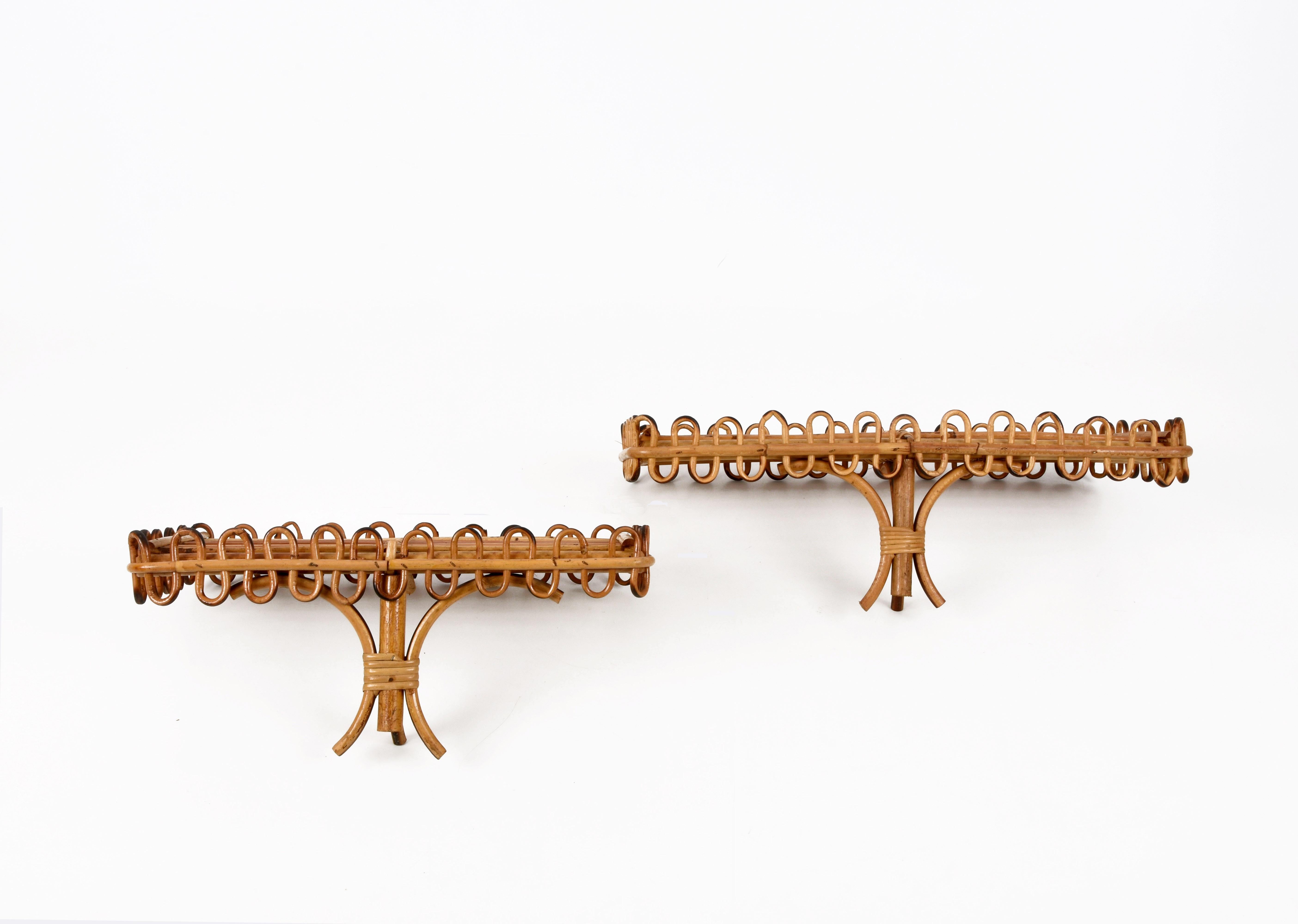 Pair of Midcentury Rattan and Bamboo Italian Wall Shelves after Albini, 1960s 4