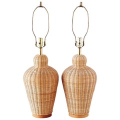 Pair of Midcentury Rattan Basket Lamps