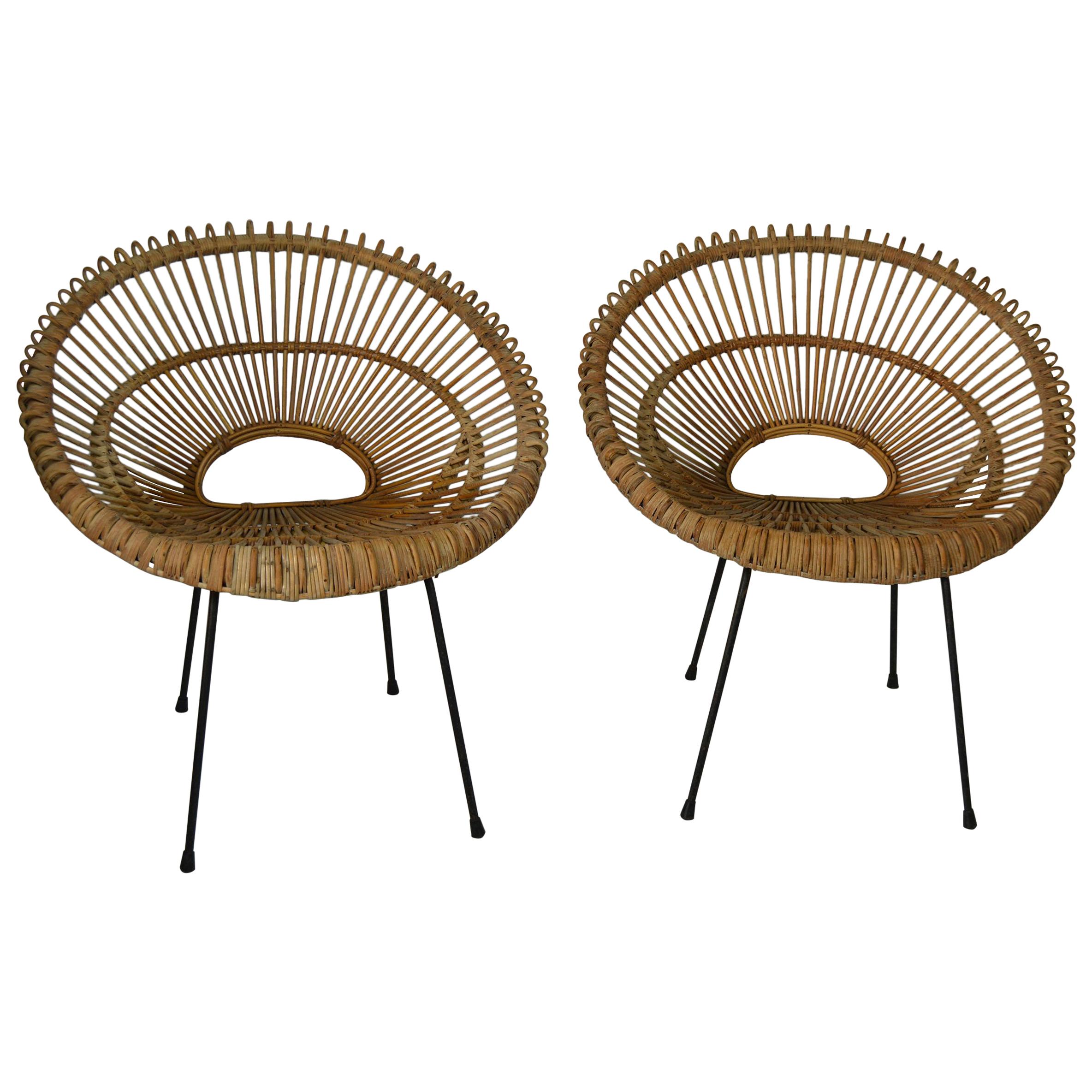 Pair of Midcentury Rattan Chairs in the Style of Franco Albini, Italian, 1950s