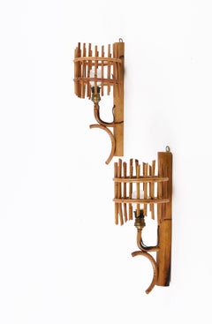 Pair of Midcentury Rattan "Lantern" Sconces Attributed to Louis Sognot, 1960s