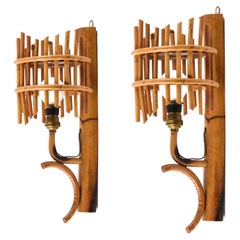 Pair of Midcentury Rattan "Lantern" Sconces Attributed to Louis Sognot, 1960s