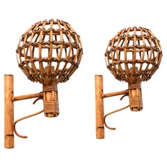 Vintage Pair of Midcentury Rattan "Lantern" Sconces Attributed to Louis Sognot, 1960s