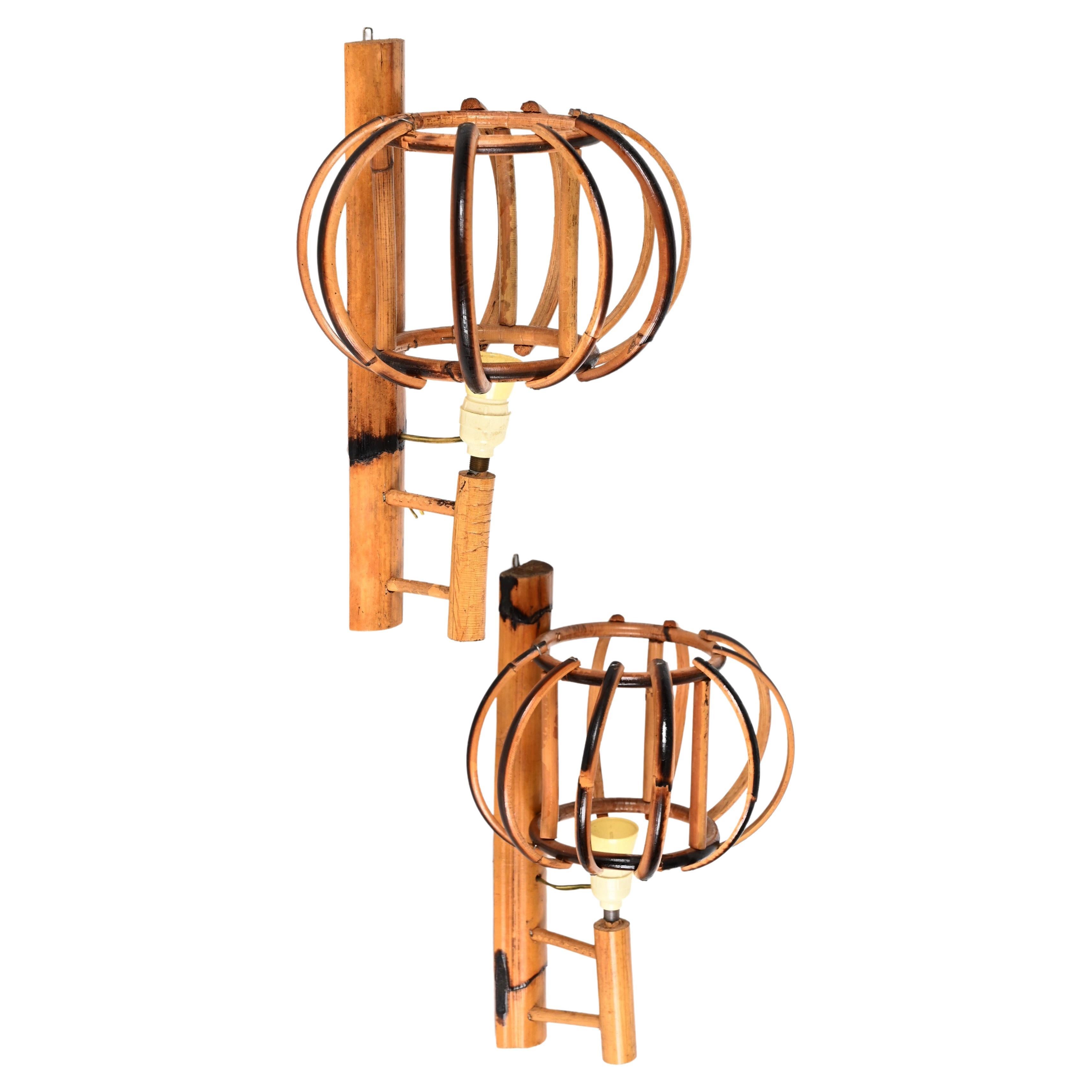 Pair of Midcentury Rattan "Lantern" Sconces Attributed to Louis Sognot, 1960s