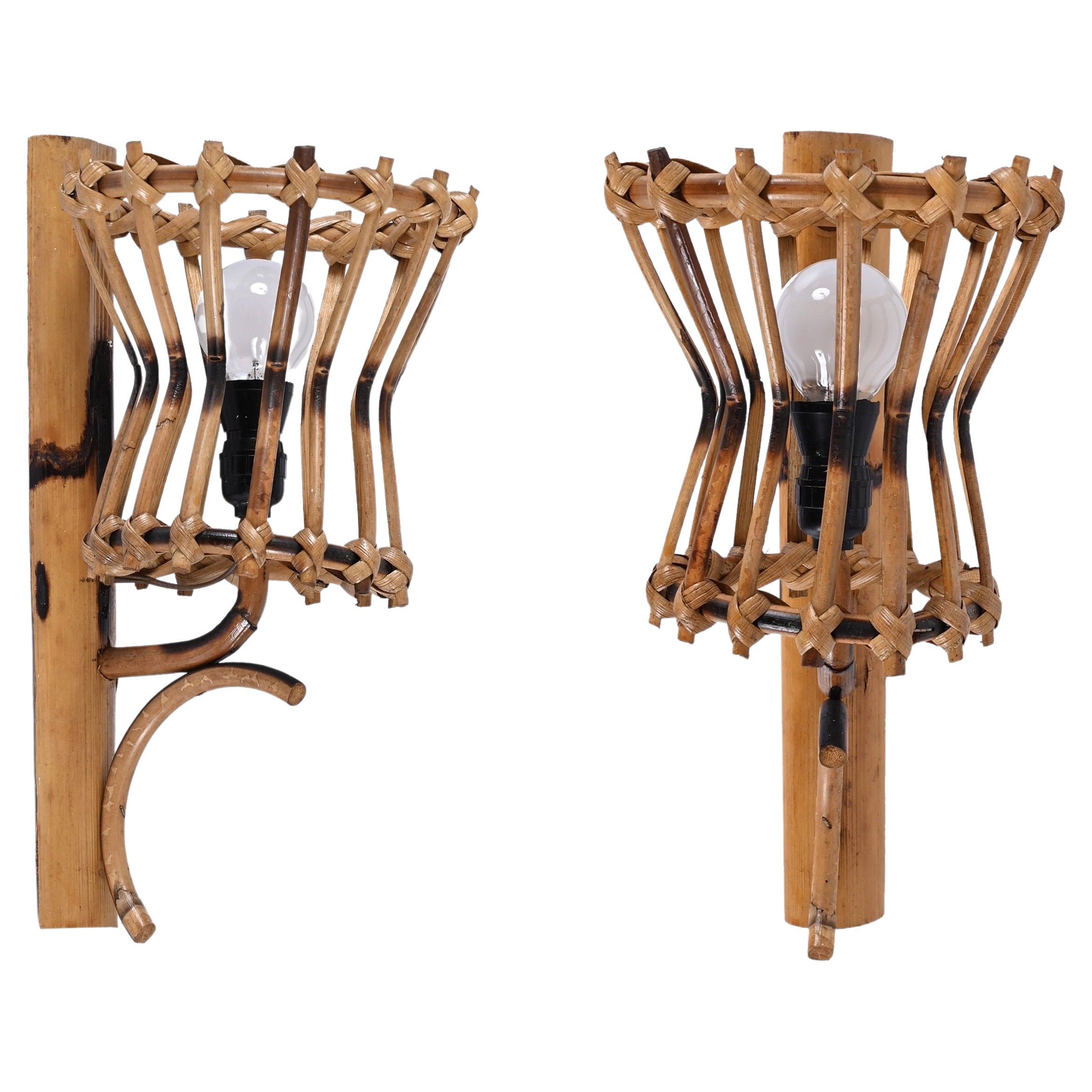 Pair of Mid-Century Rattan "Lantern" Sconces Attributed to Louis Sognot, 1960s