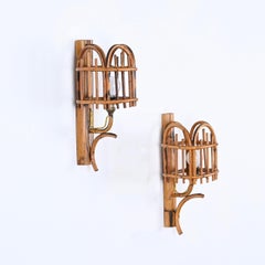 Pair of Midcentury Rattan "Lantern" Sconces, Louis Sognot, France, 1960s