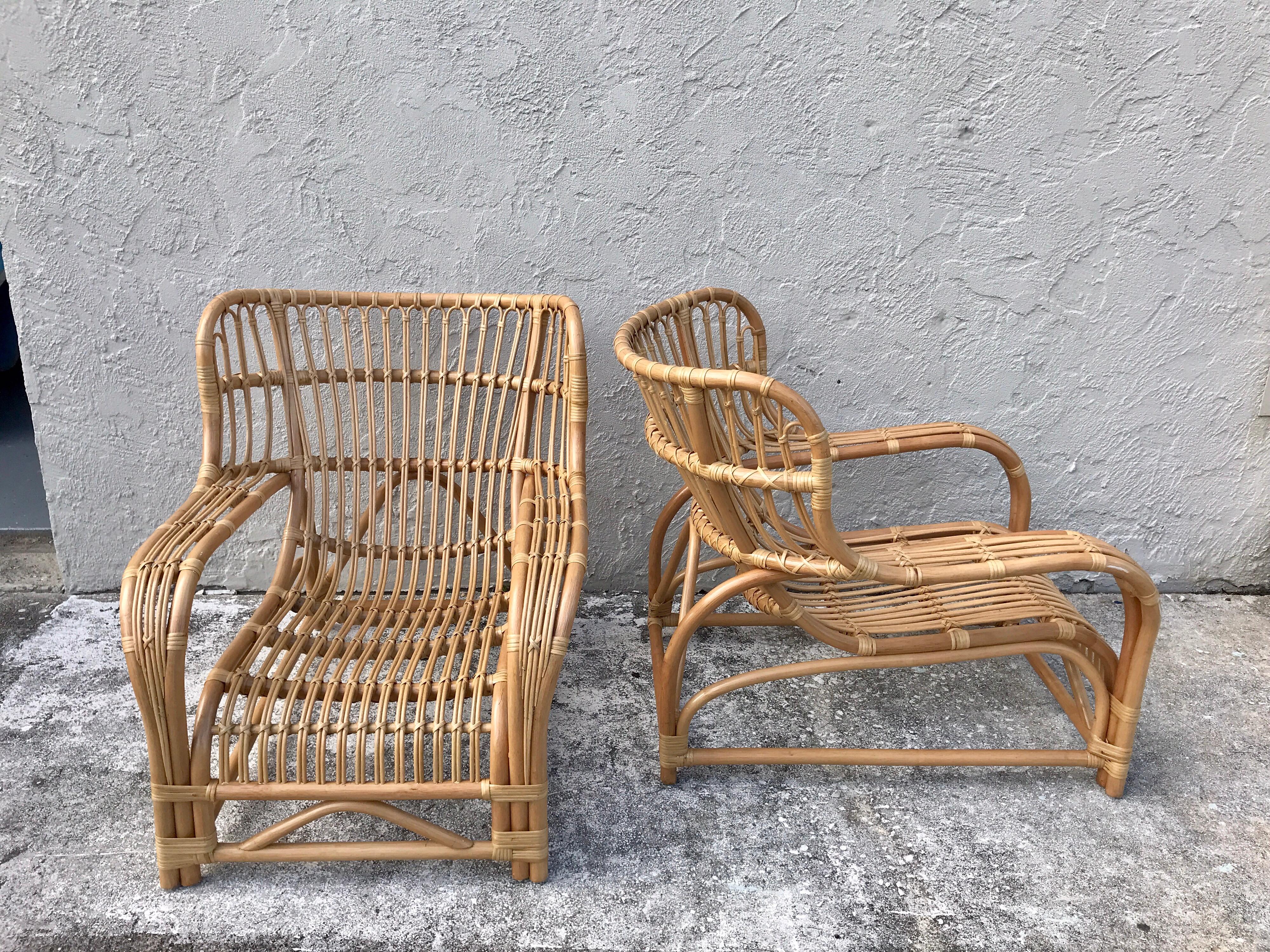 Mid-Century Modern Pair of Midcentury Rattan Scoop Chairs, Restored