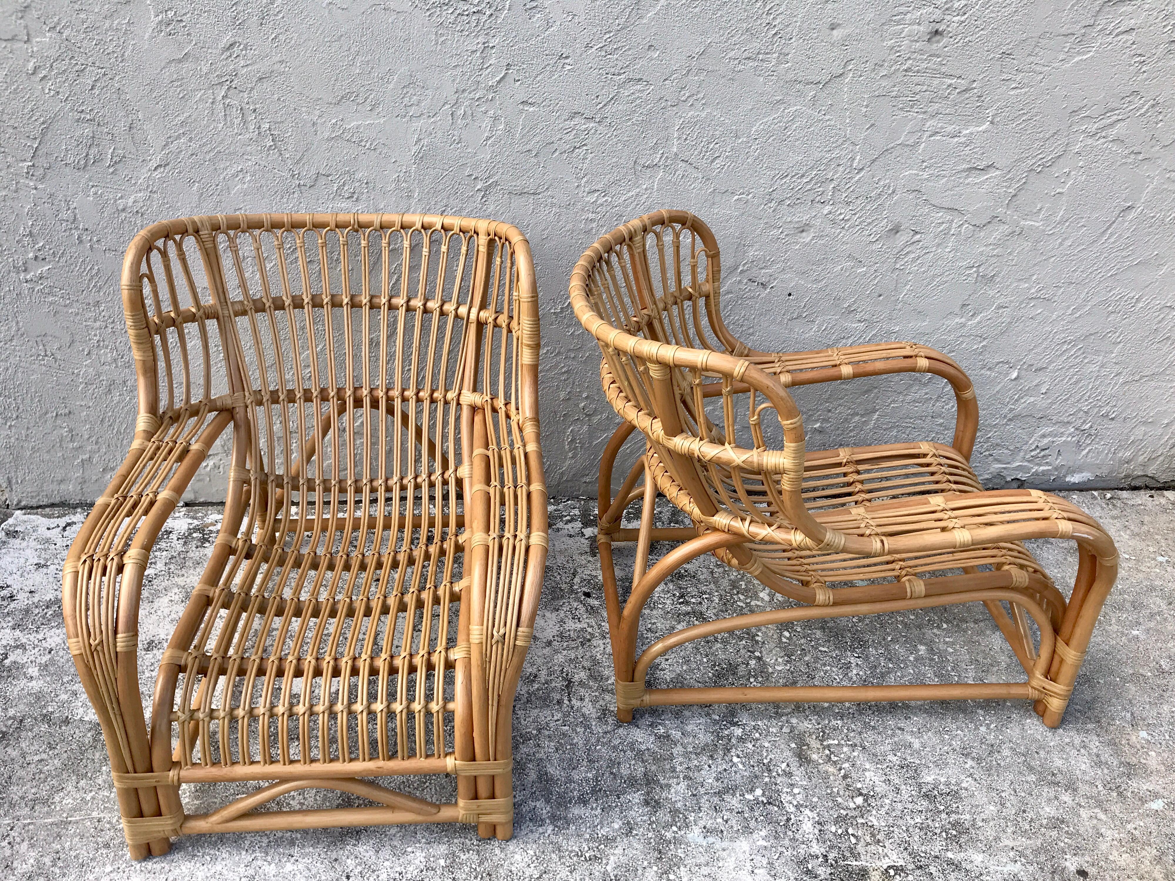 Pair of Midcentury Rattan Scoop Chairs, Restored In Good Condition In West Palm Beach, FL