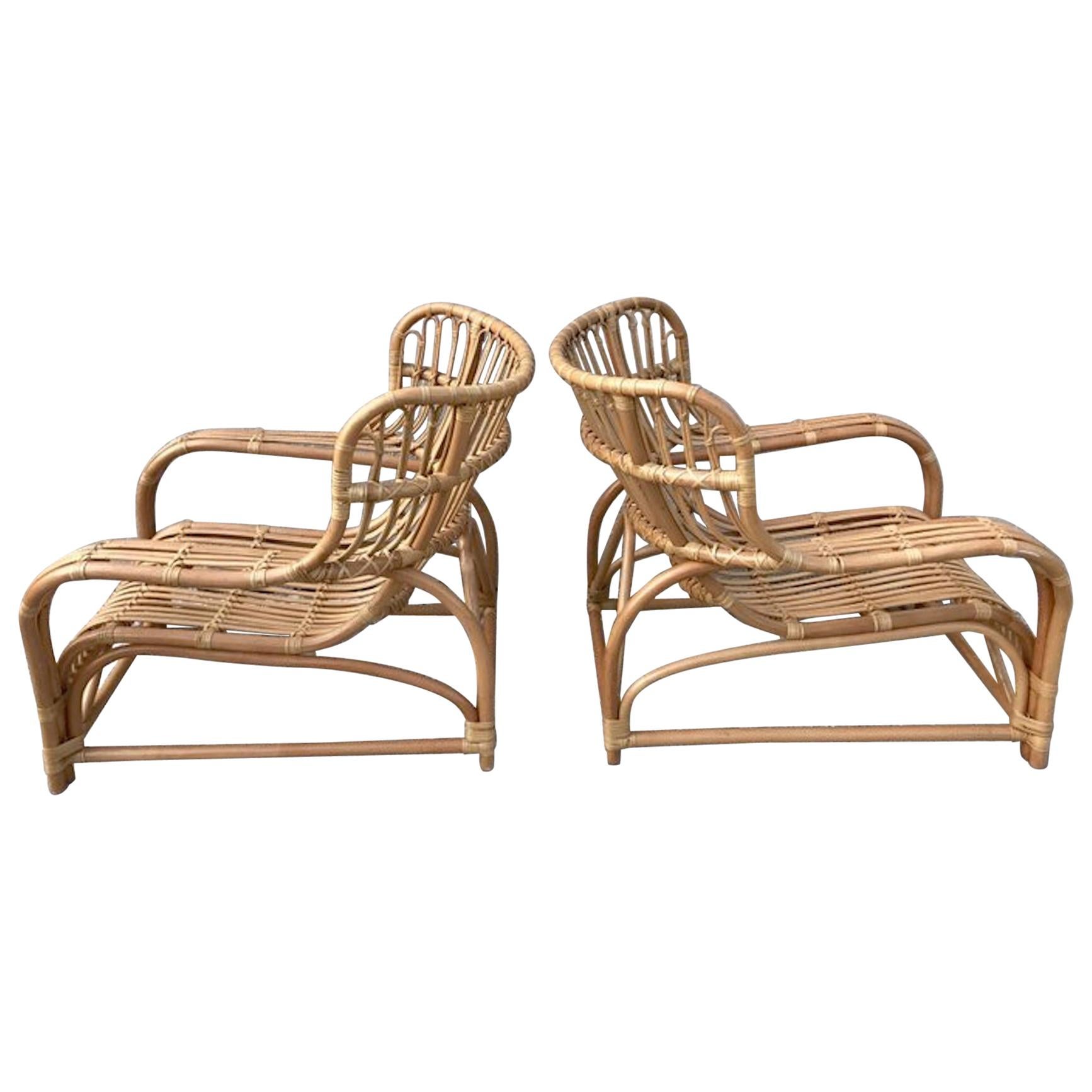 Pair of Midcentury Rattan Scoop Chairs, Restored