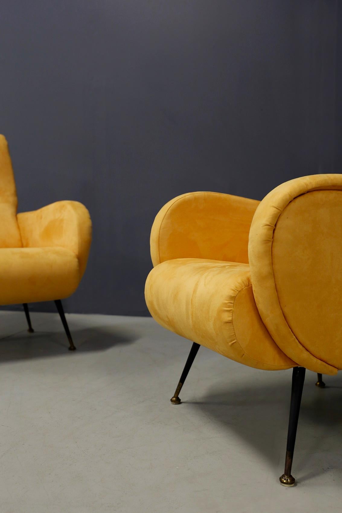 Aluminum Pair of Midcentury Reclining Armchairs in Yellow Velvet in Zanuso Style, 1950s