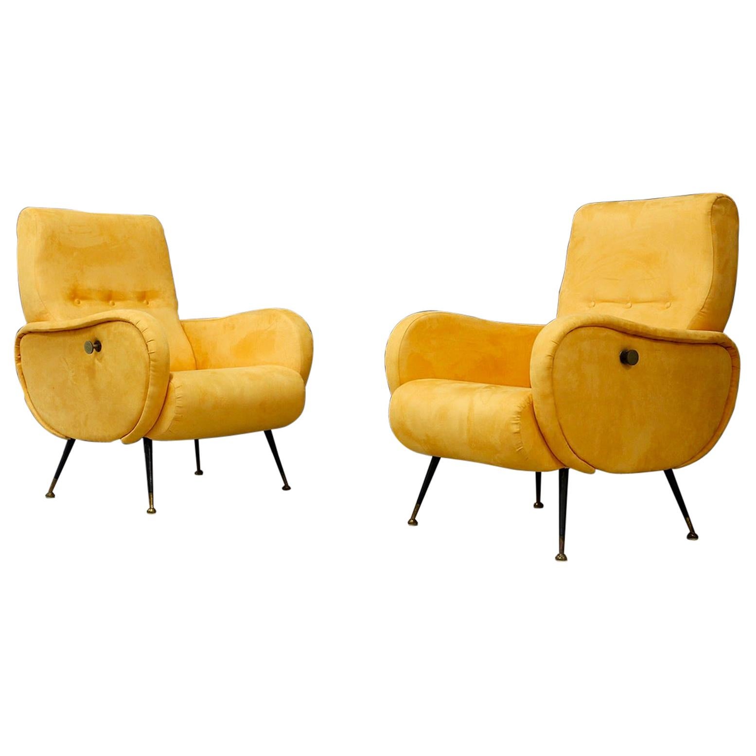 Pair of Midcentury Reclining Armchairs in Yellow Velvet in Zanuso Style, 1950s
