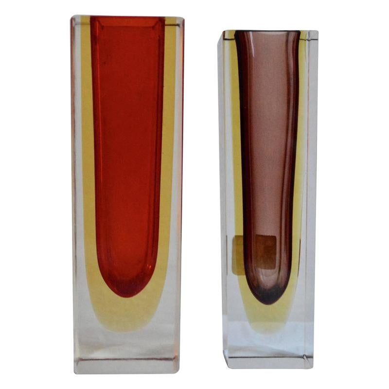 Pair Of Midcentury Red and Burgundy Sommerso Vases