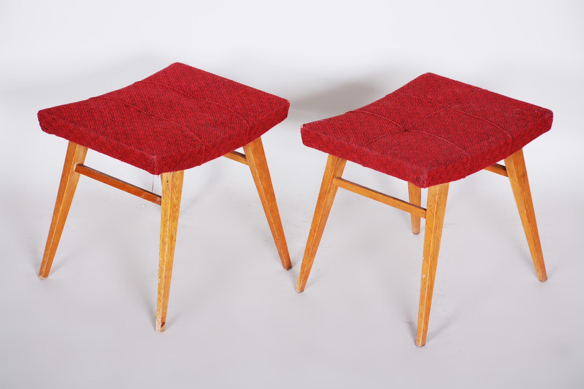 Czech Pair of Midcentury Red Beech Stools, 1960s, Original Preserved Condition For Sale