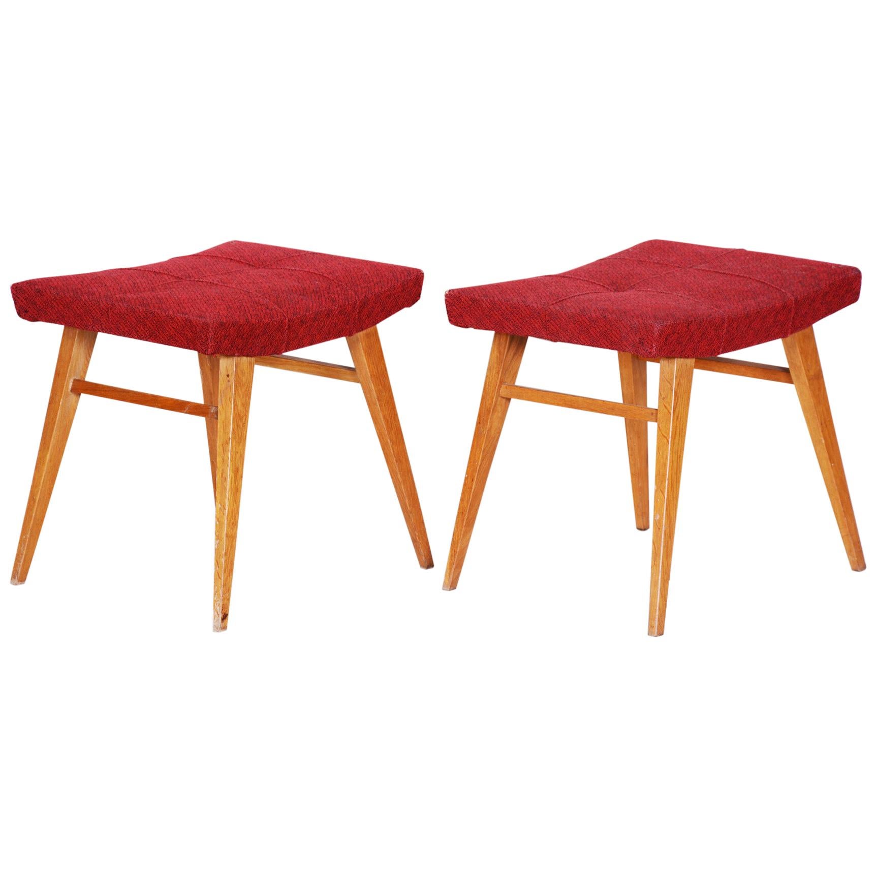 Pair of Midcentury Red Beech Stools, 1960s, Original Preserved Condition