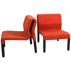Pair of Midcentury Red Fabric and Black Plastic Italian Armchairs, 1980s