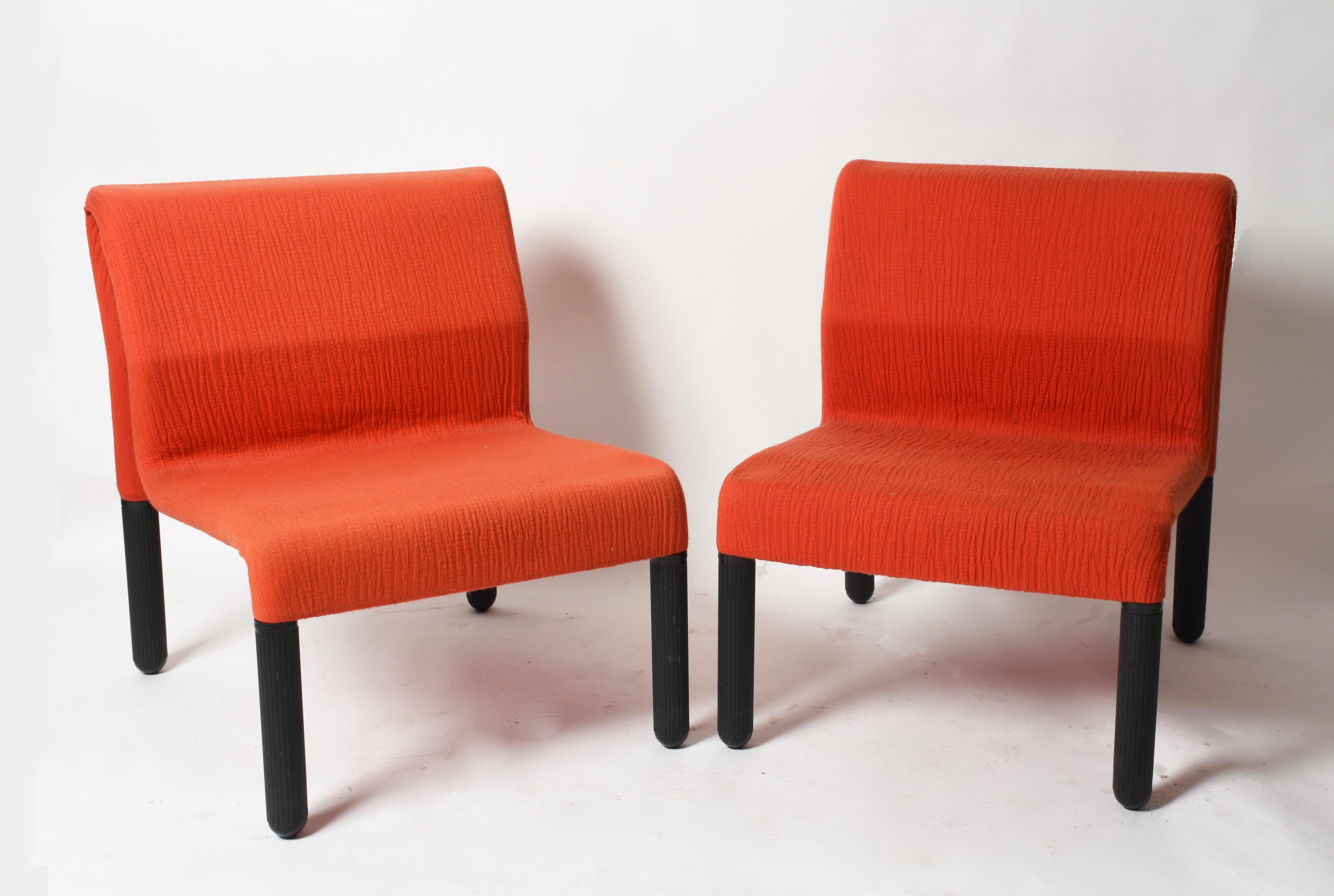 Mid-Century Modern Pair of Midcentury Red Fabric and Black Plastic Italian Armchairs, Menphis 1980s For Sale