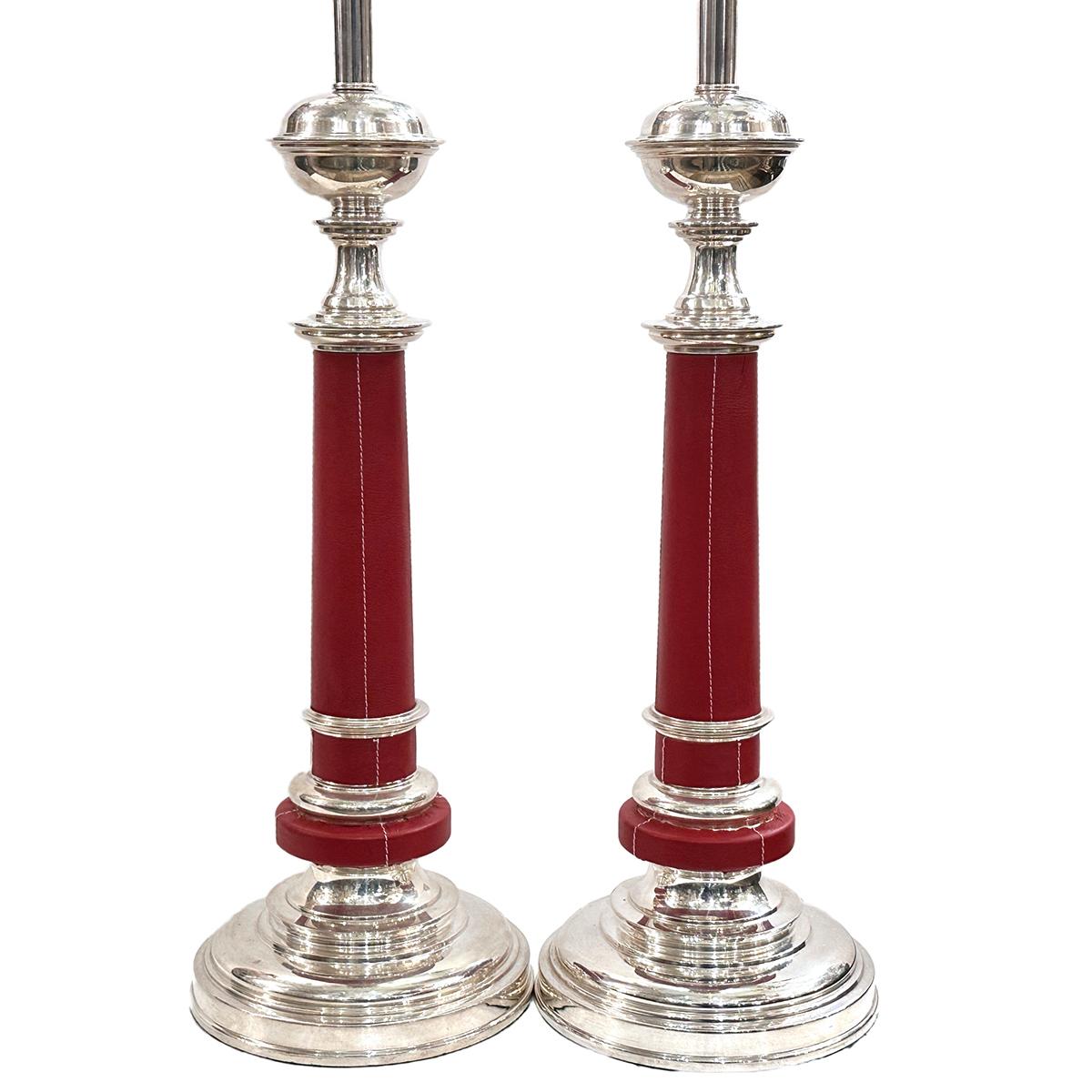 French Pair of Midcentury Red Leather Lamps For Sale