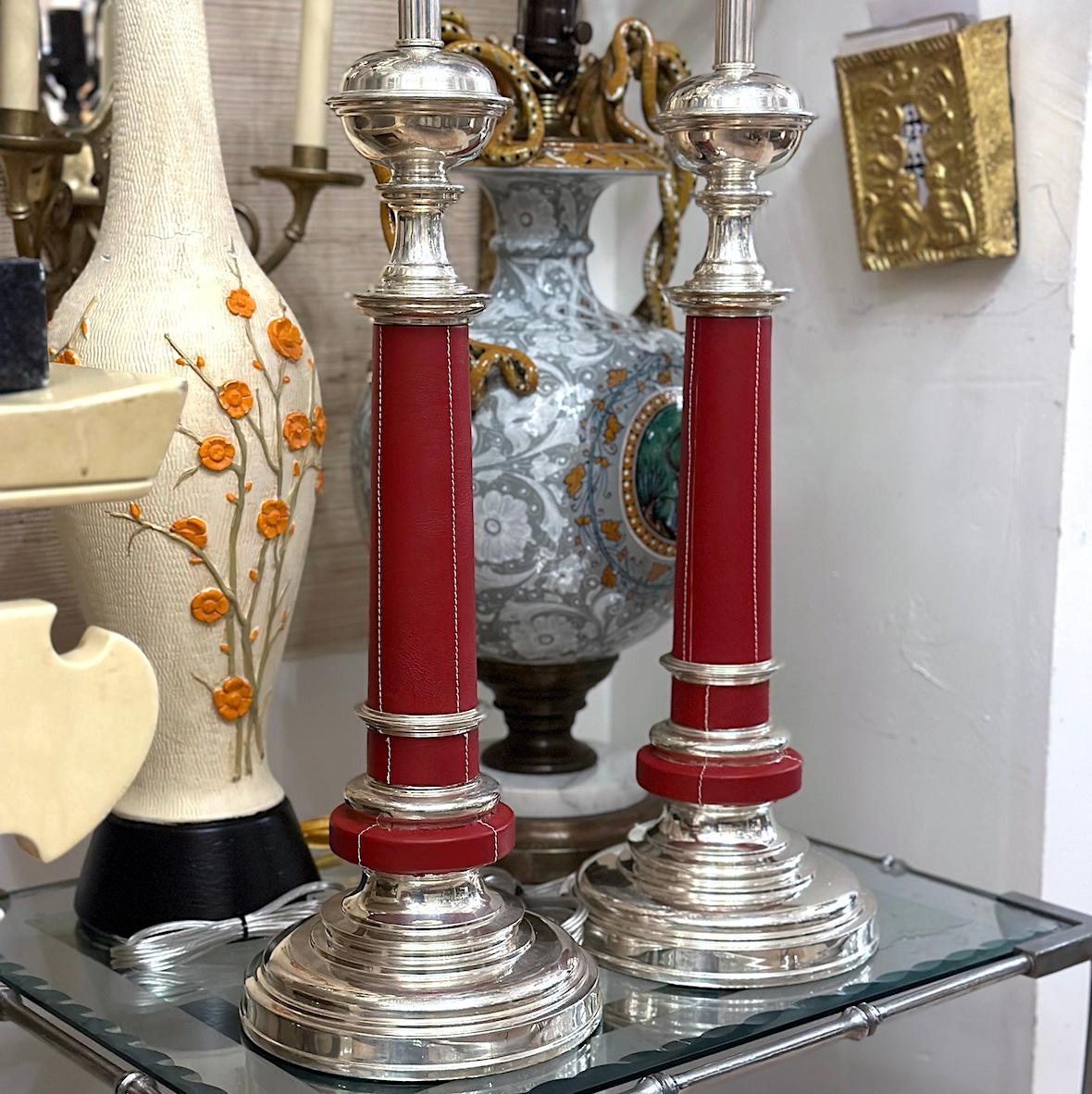 Silver Plate Pair of Midcentury Red Leather Lamps For Sale