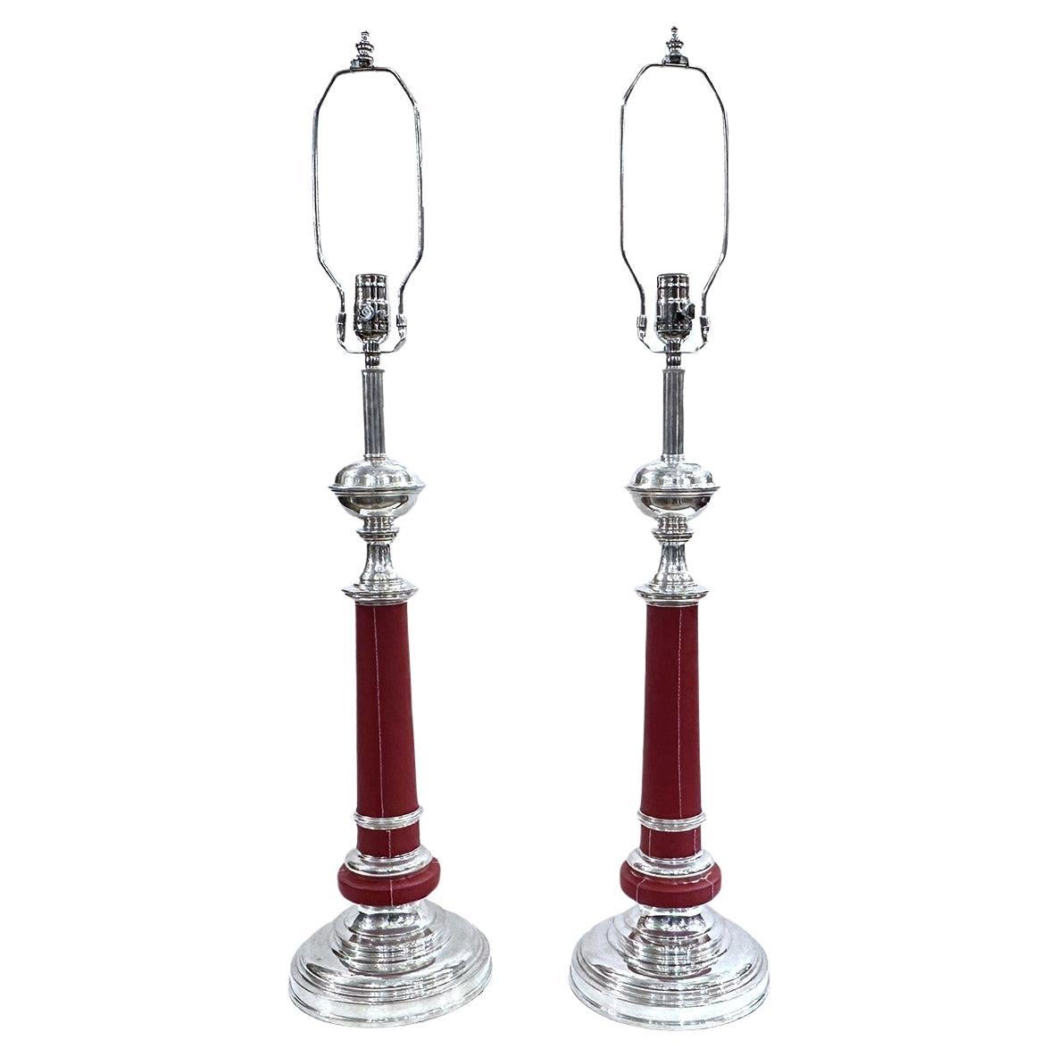 Pair of Midcentury Red Leather Lamps