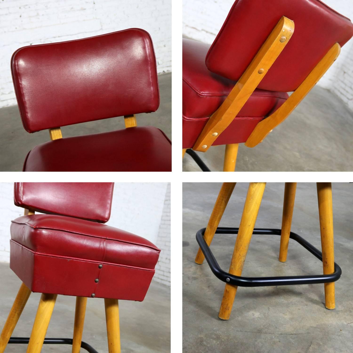 Pair of Midcentury Red Vinyl and Blonde Counter Height Bistro Bar Stools by WCI 4